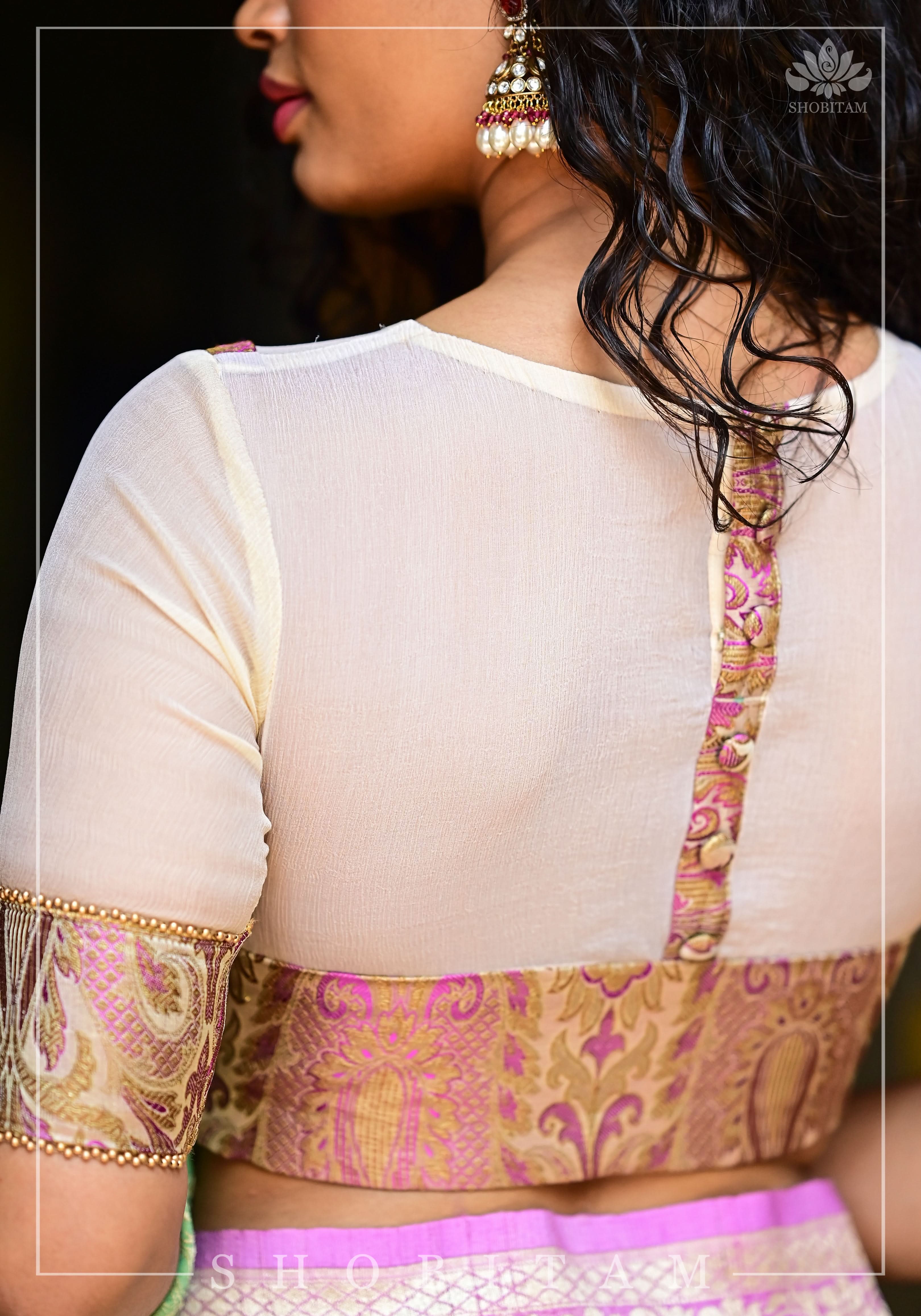 Purple Banarasi Blouse with sheer yoke, back and sleeves in beige net | Shobitam - Image 5