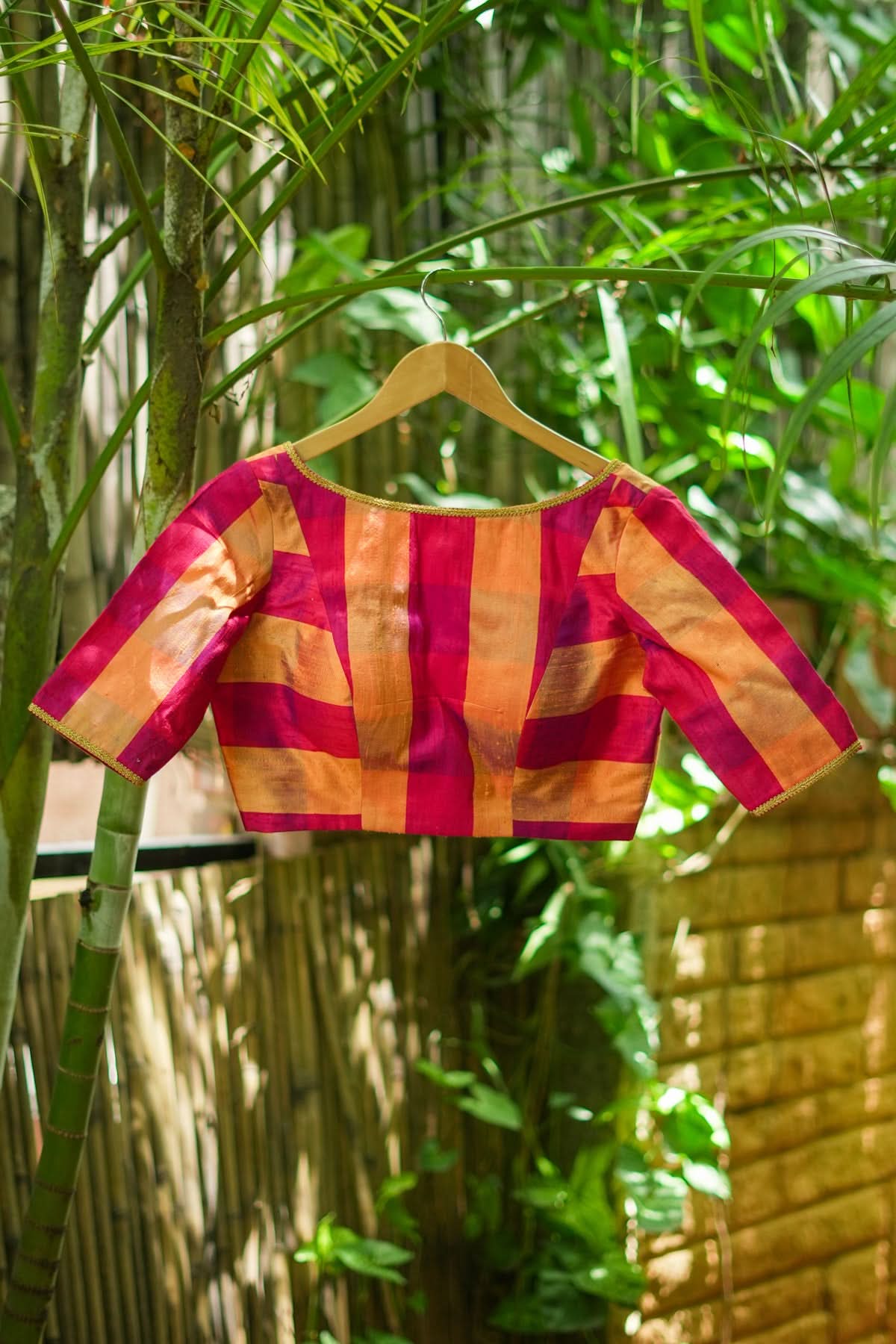Orange reddish pink checked pure rawsilk boatneck blouse | Shobitam - Image 5