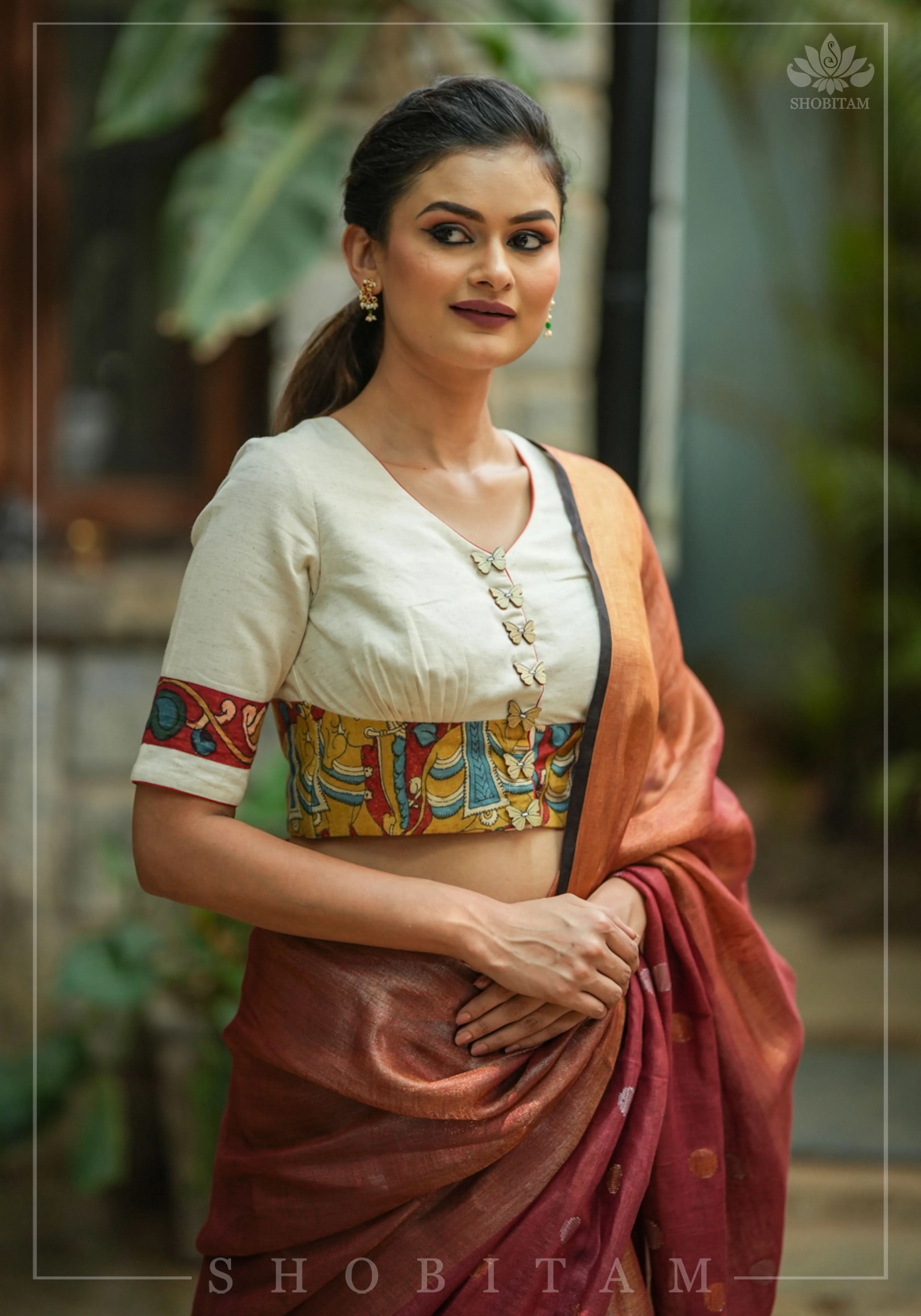 Daisy white V neck blouse with handpainted kalamkari border | Shobitam - Image 4