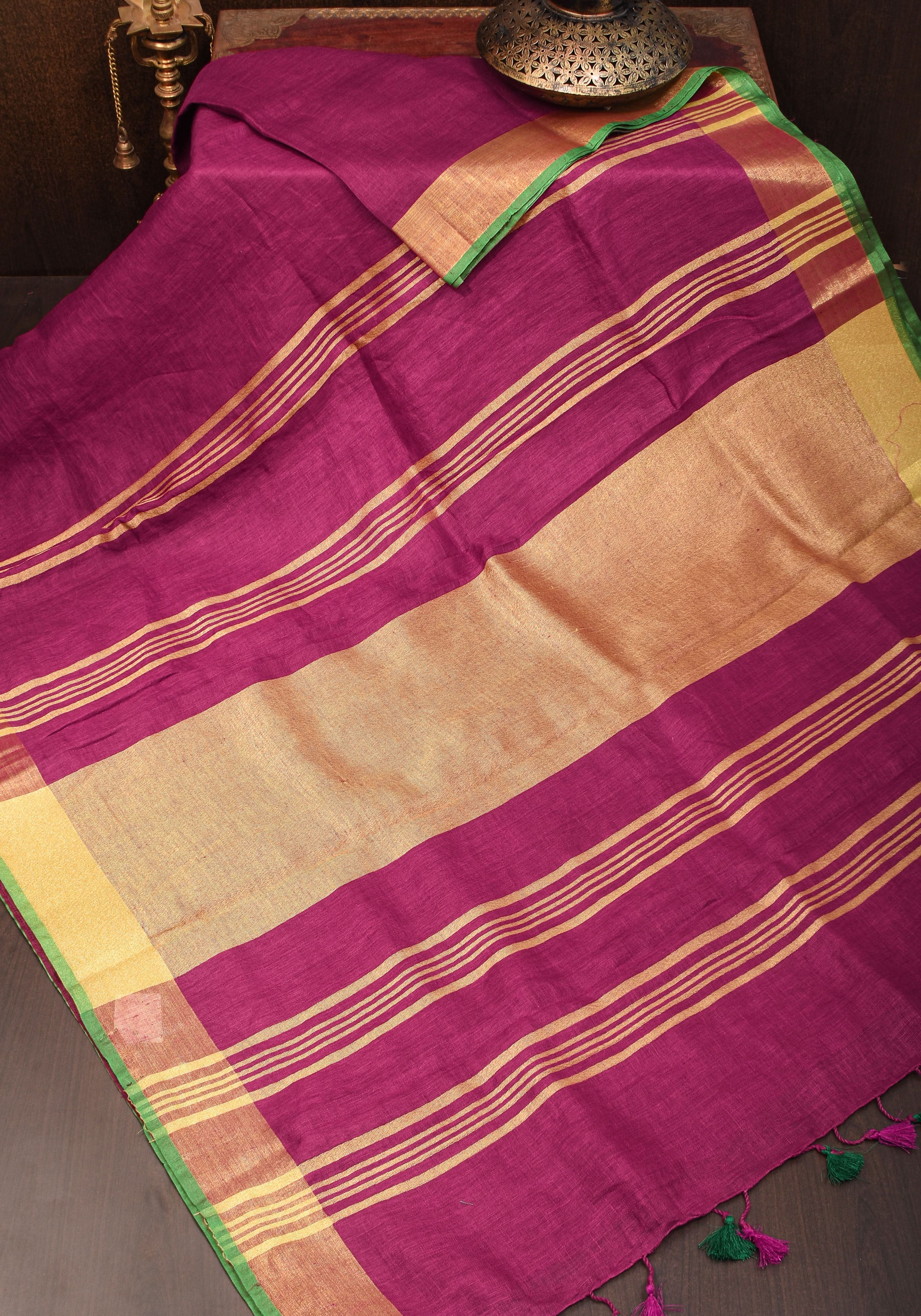 Magenta Pink and Green Linen Saree with Gold Zari Border and Green Selvedge | Shobitam