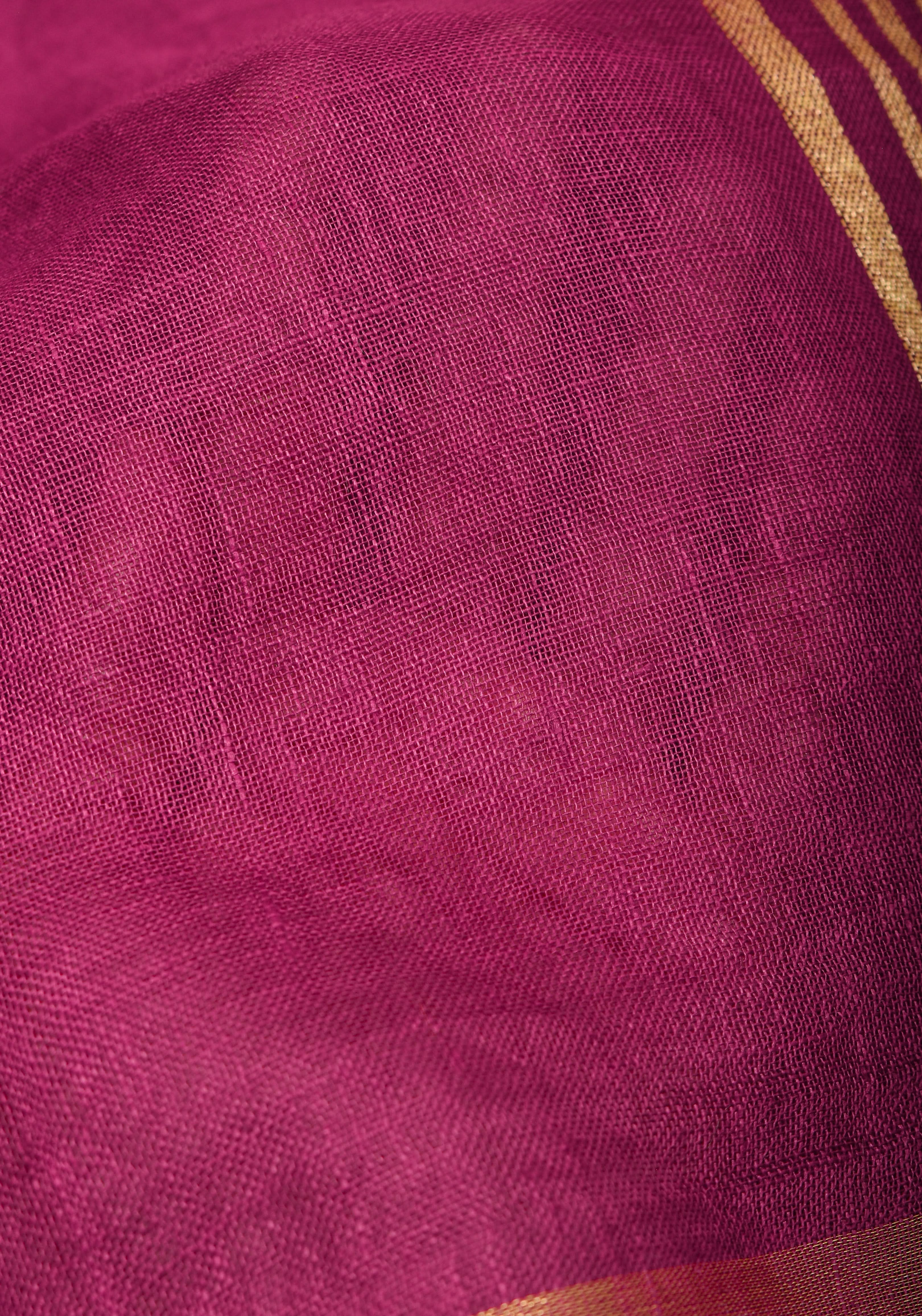 Magenta Pink and Green Linen Saree with Gold Zari Border and Green Selvedge | Shobitam - Image 6