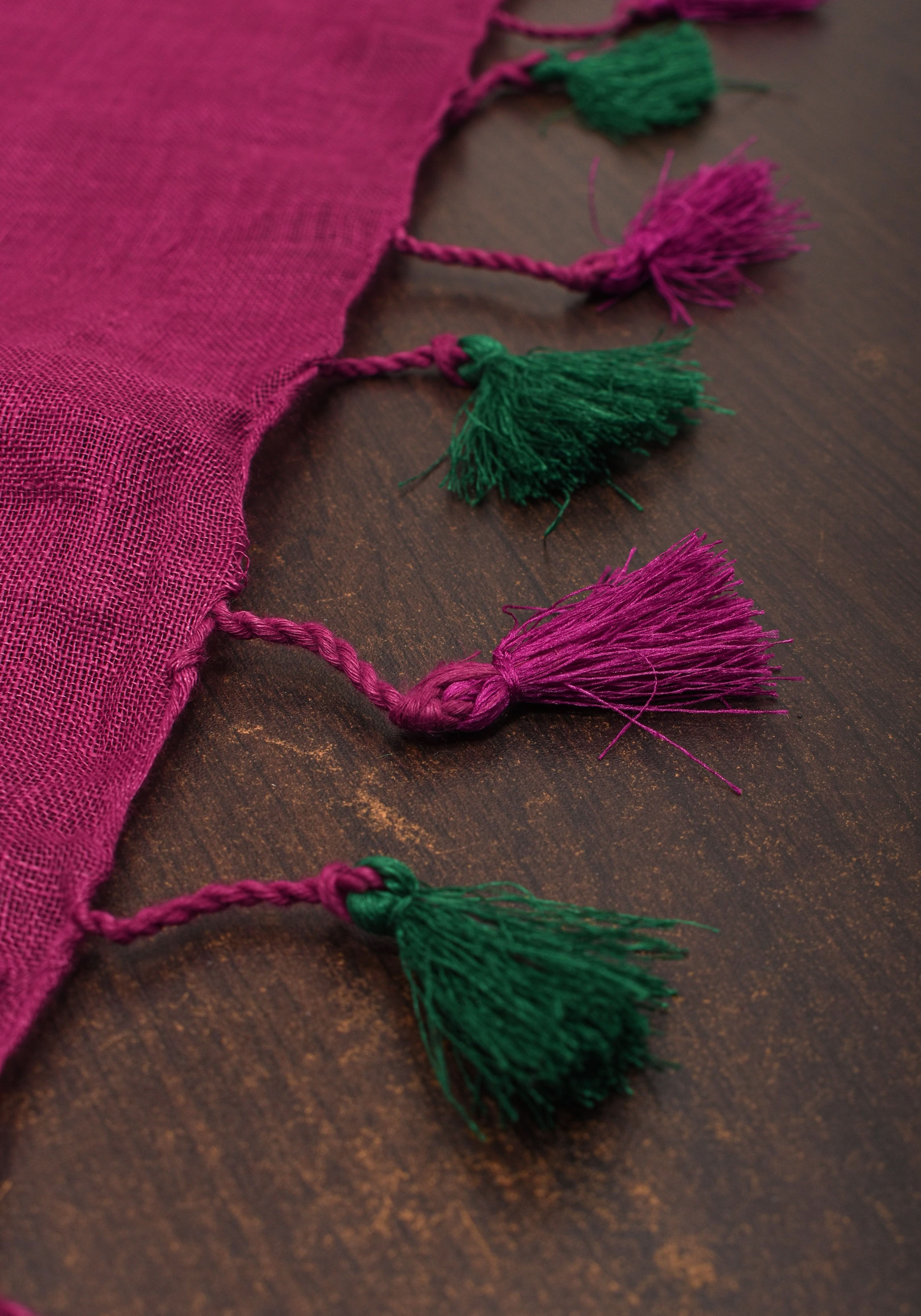 Magenta Pink and Green Linen Saree with Gold Zari Border and Green Selvedge | Shobitam - Image 8