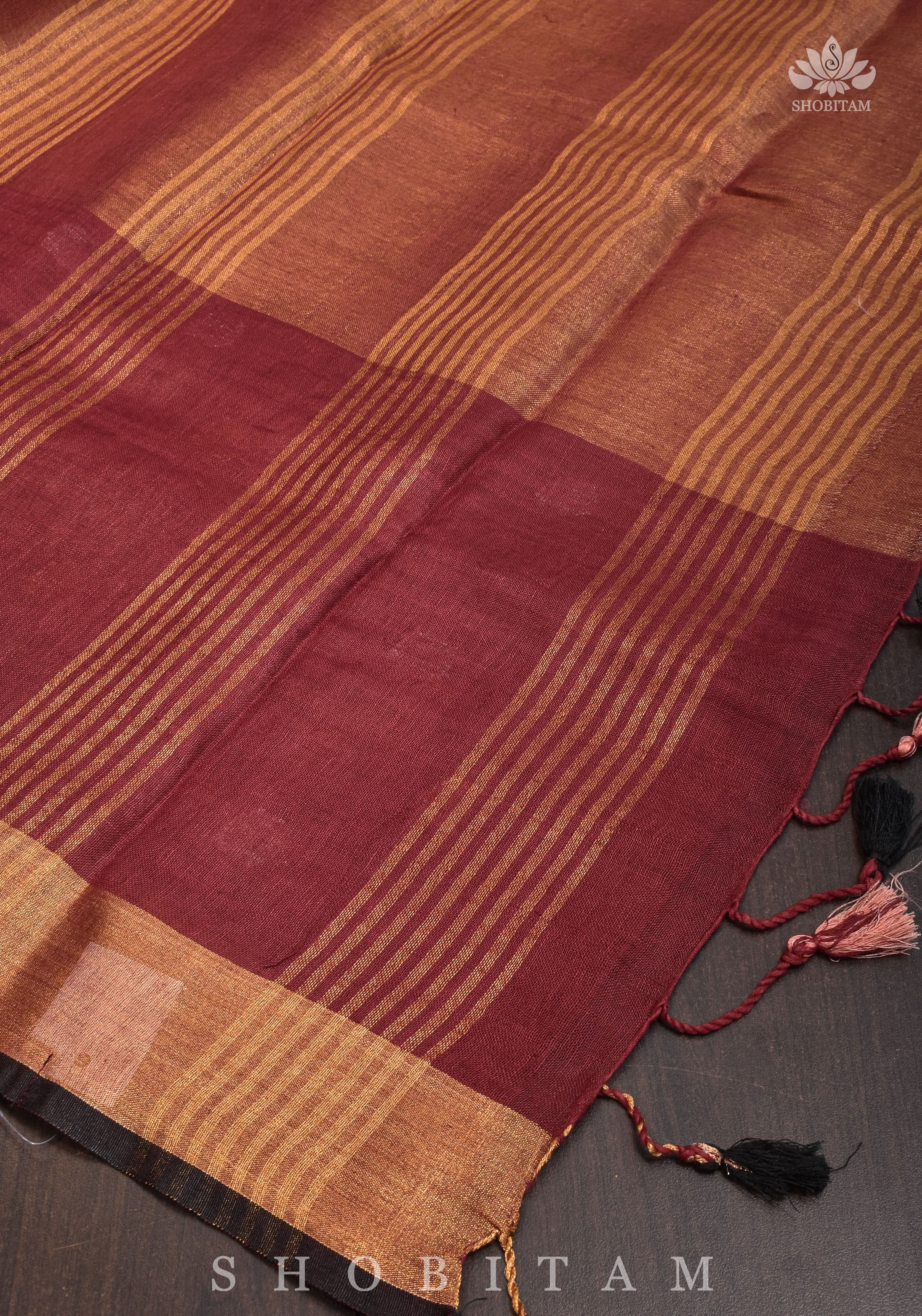 Maroon Tissue Body Linen Saree in Muted Antique Gold with Sona Rupa Polka Dots Skirt Border | Shobitam - Image 9