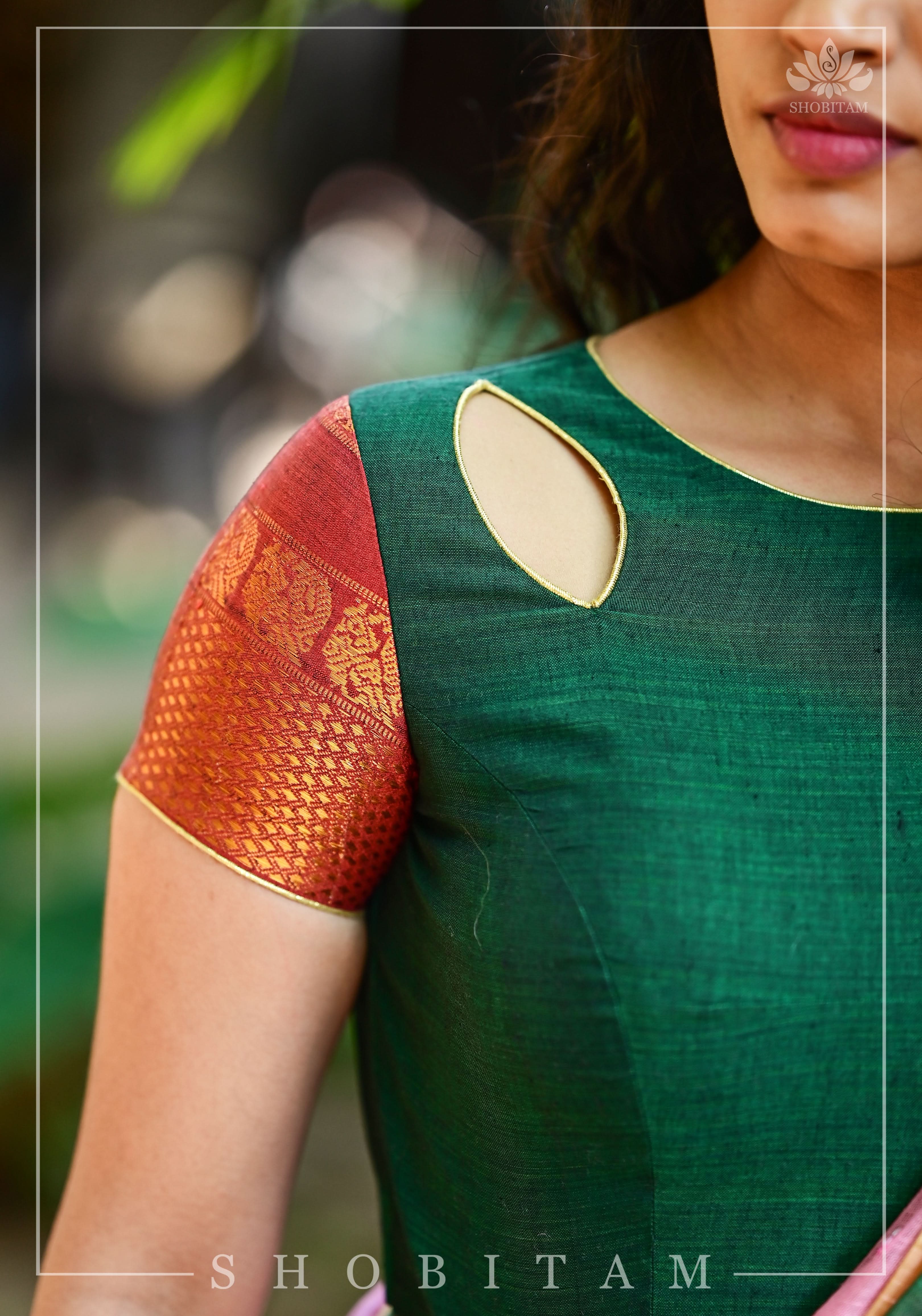 Forest green narayanpet cotton close neck cutout blouse with tie back | Shobitam - Image 15
