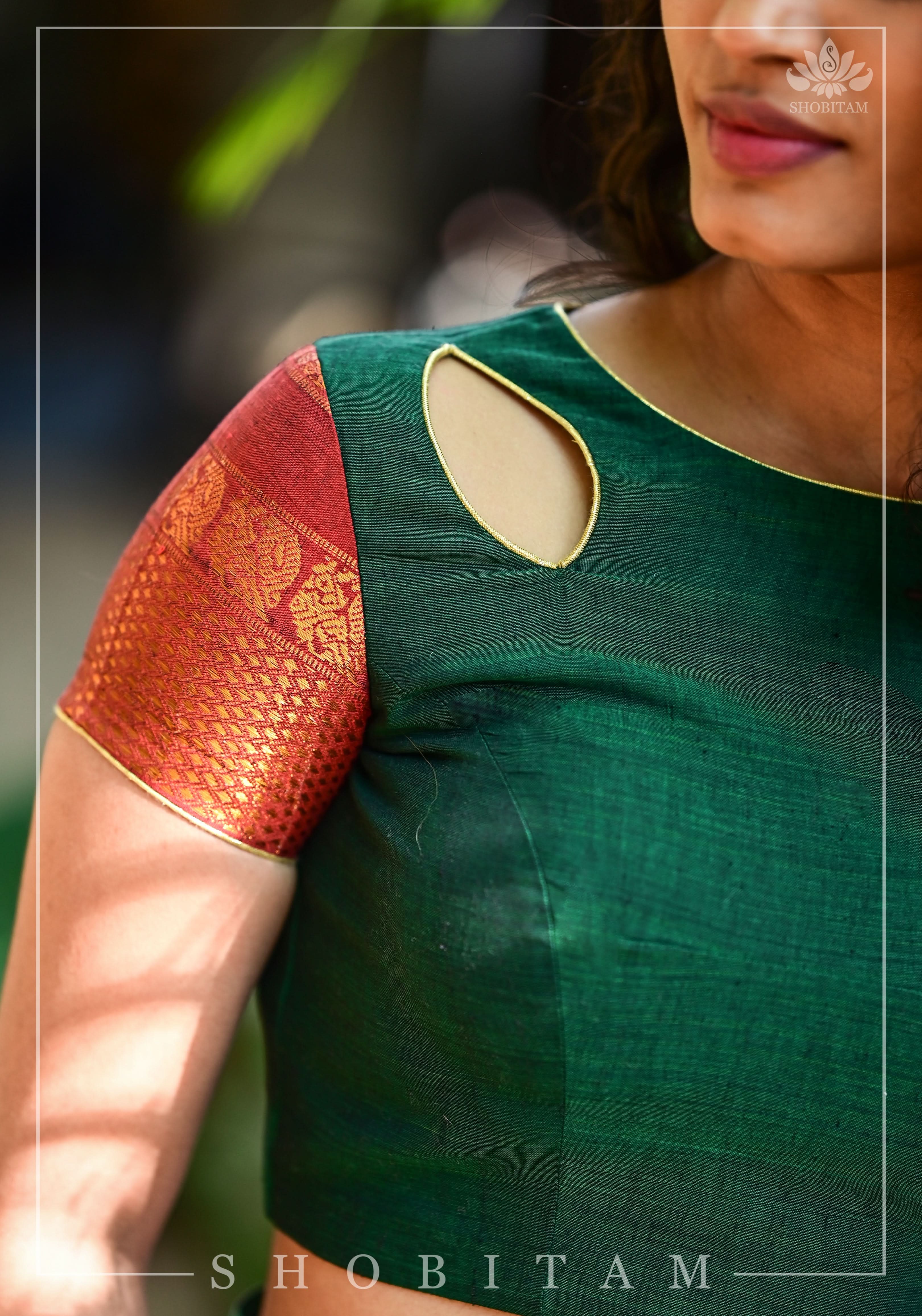 Forest green narayanpet cotton close neck cutout blouse with tie back | Shobitam - Image 17