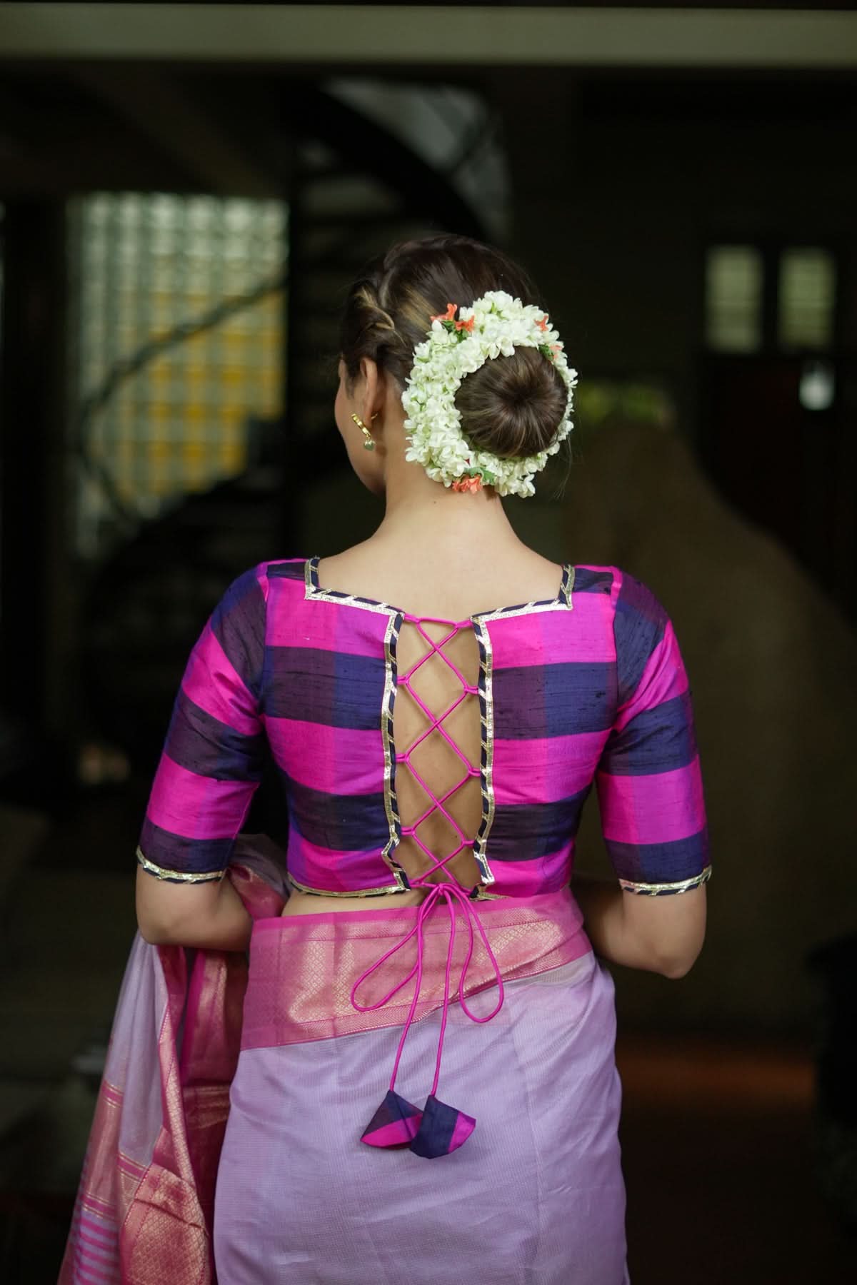 Navy blue, Pink checked Pure rawsilk with crisscross tie | Shobitam - Image 12