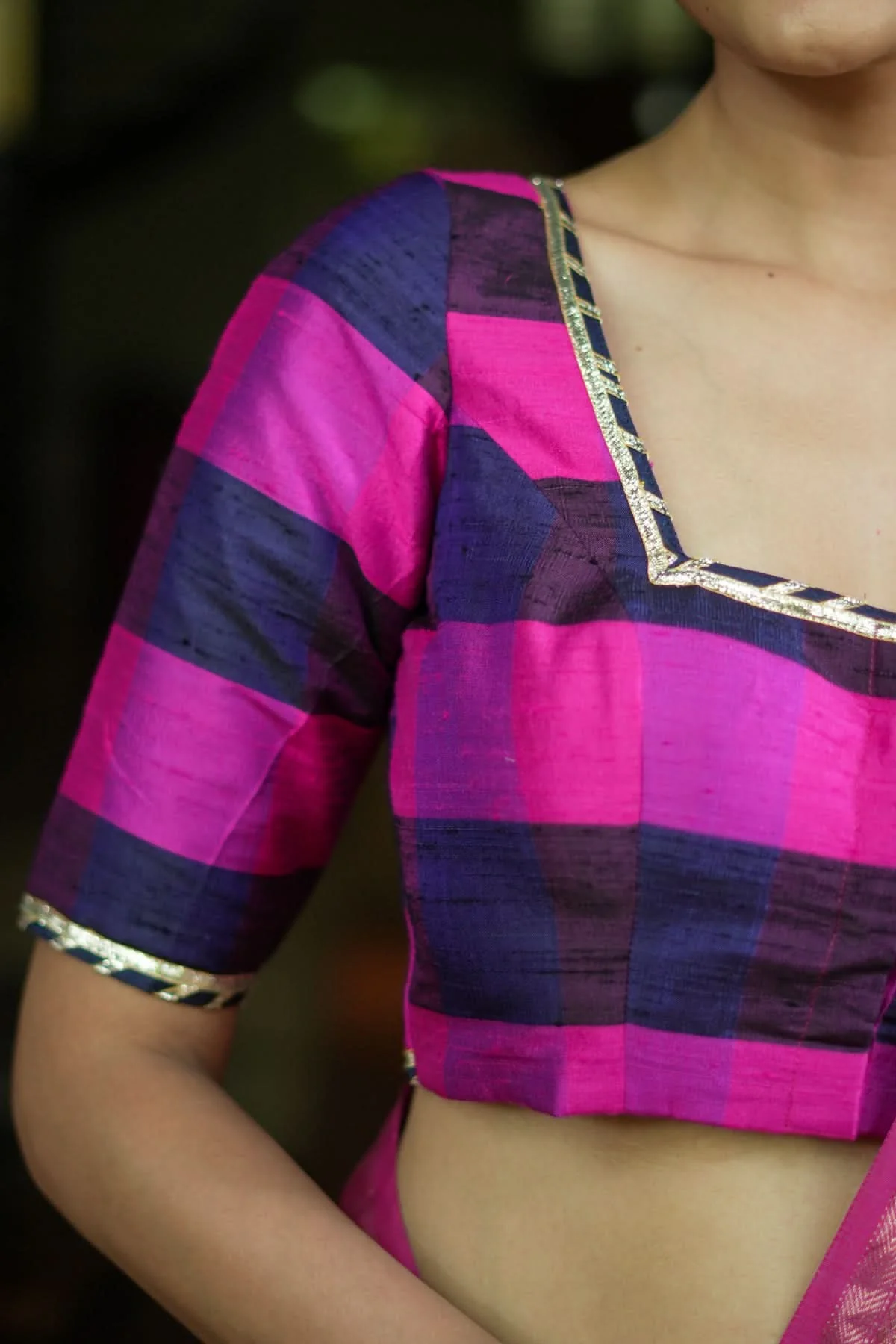 Navy blue, Pink checked Pure rawsilk with crisscross tie | Shobitam - Image 9