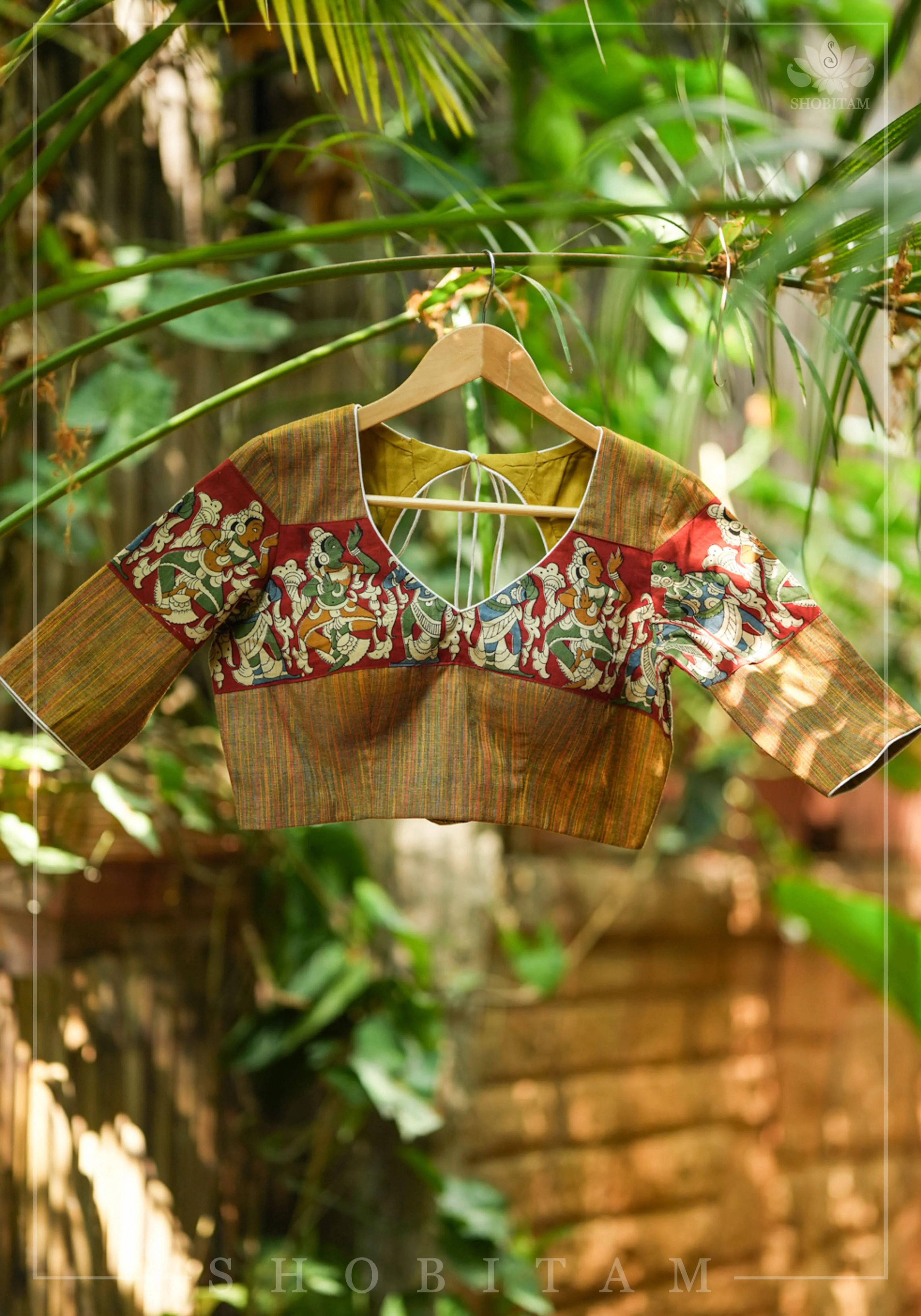 Honey brown handloom cotton V neck blouse with handpainted kalamkari band | Shobitam - Image 7