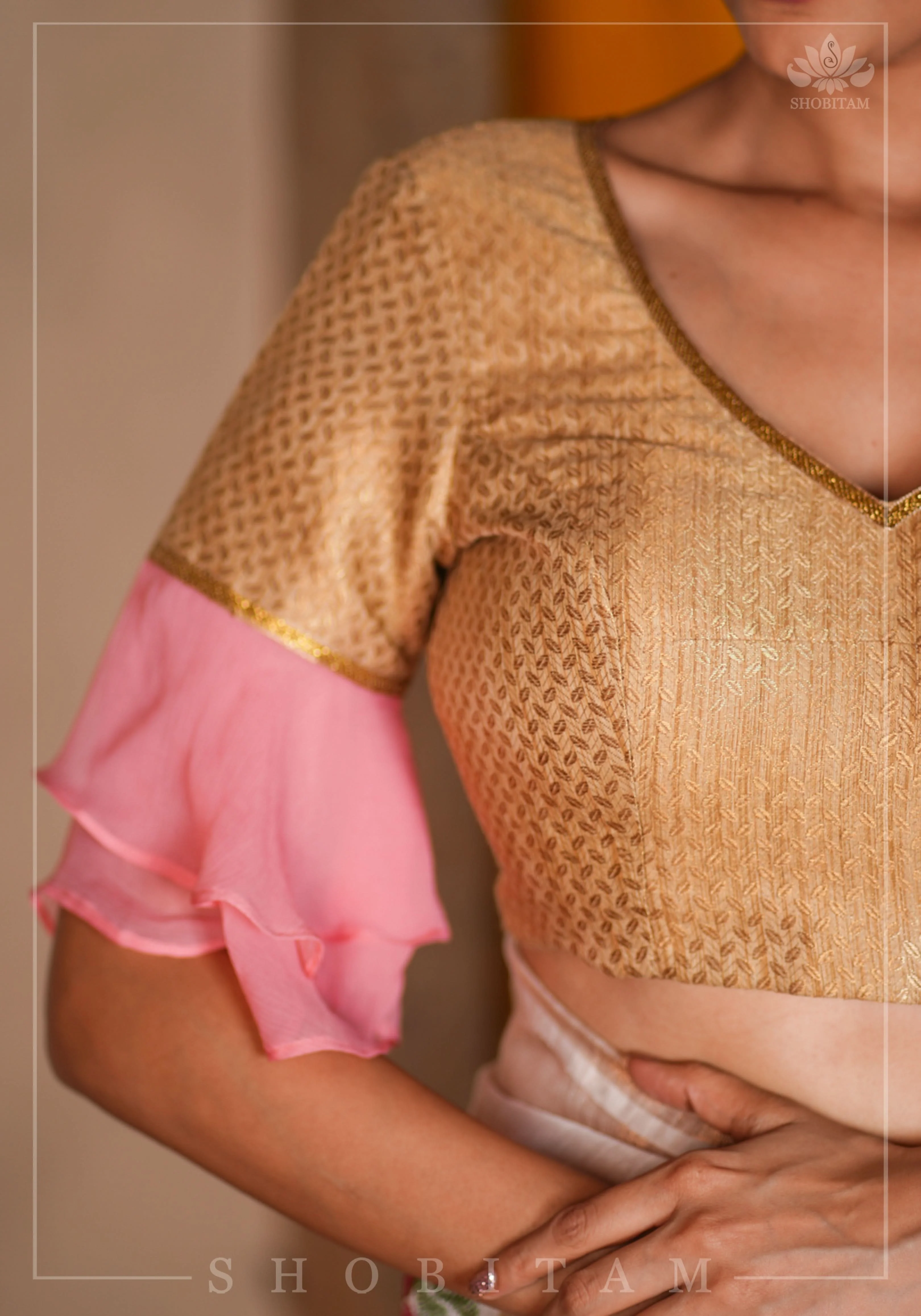Gold brocade & peach pink chiffon ruffle V neck blouse | Shobitam - Image 6