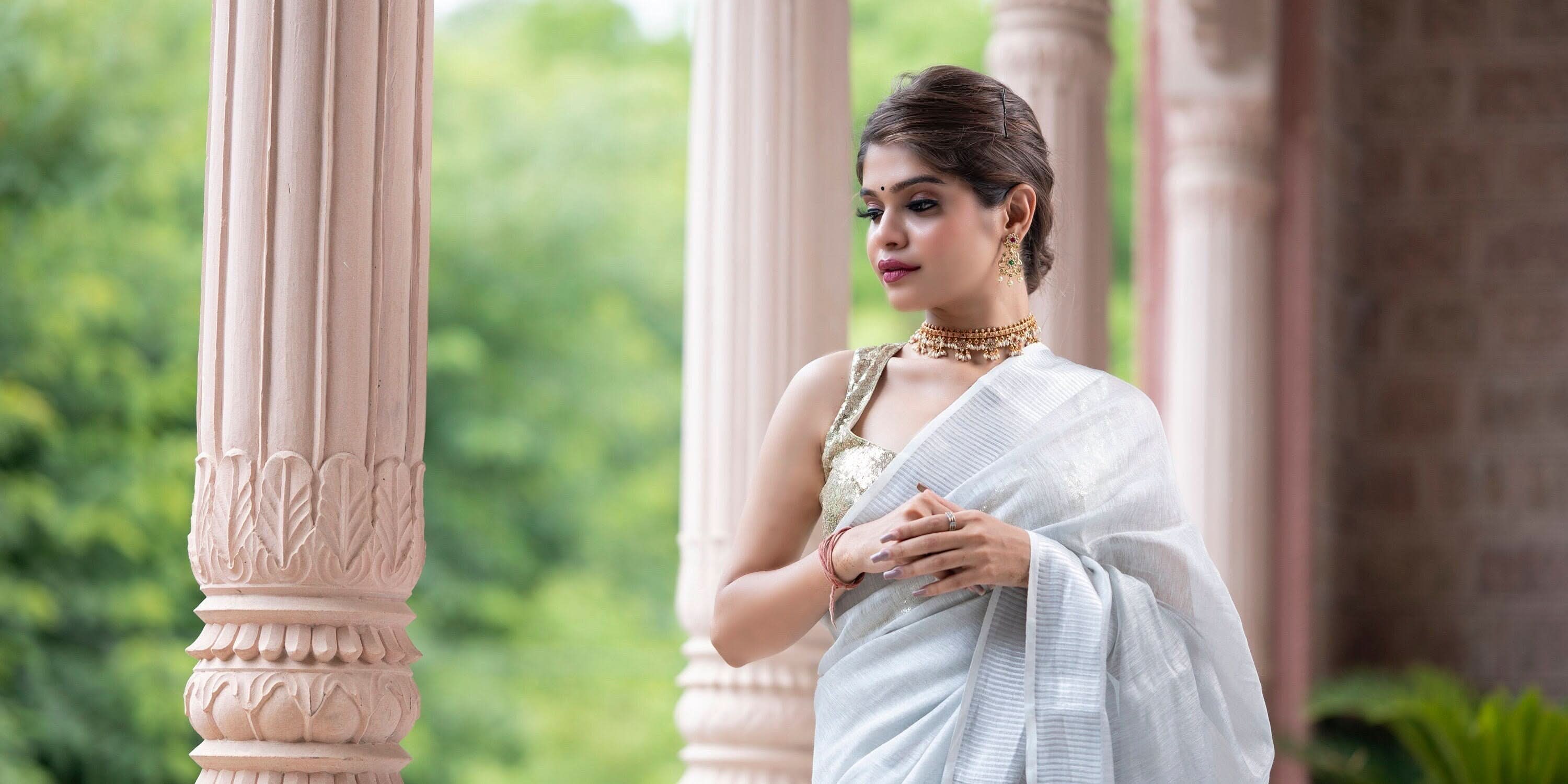 Silver and White Tissue Linen Saree | Shobitam Saree - Image 4