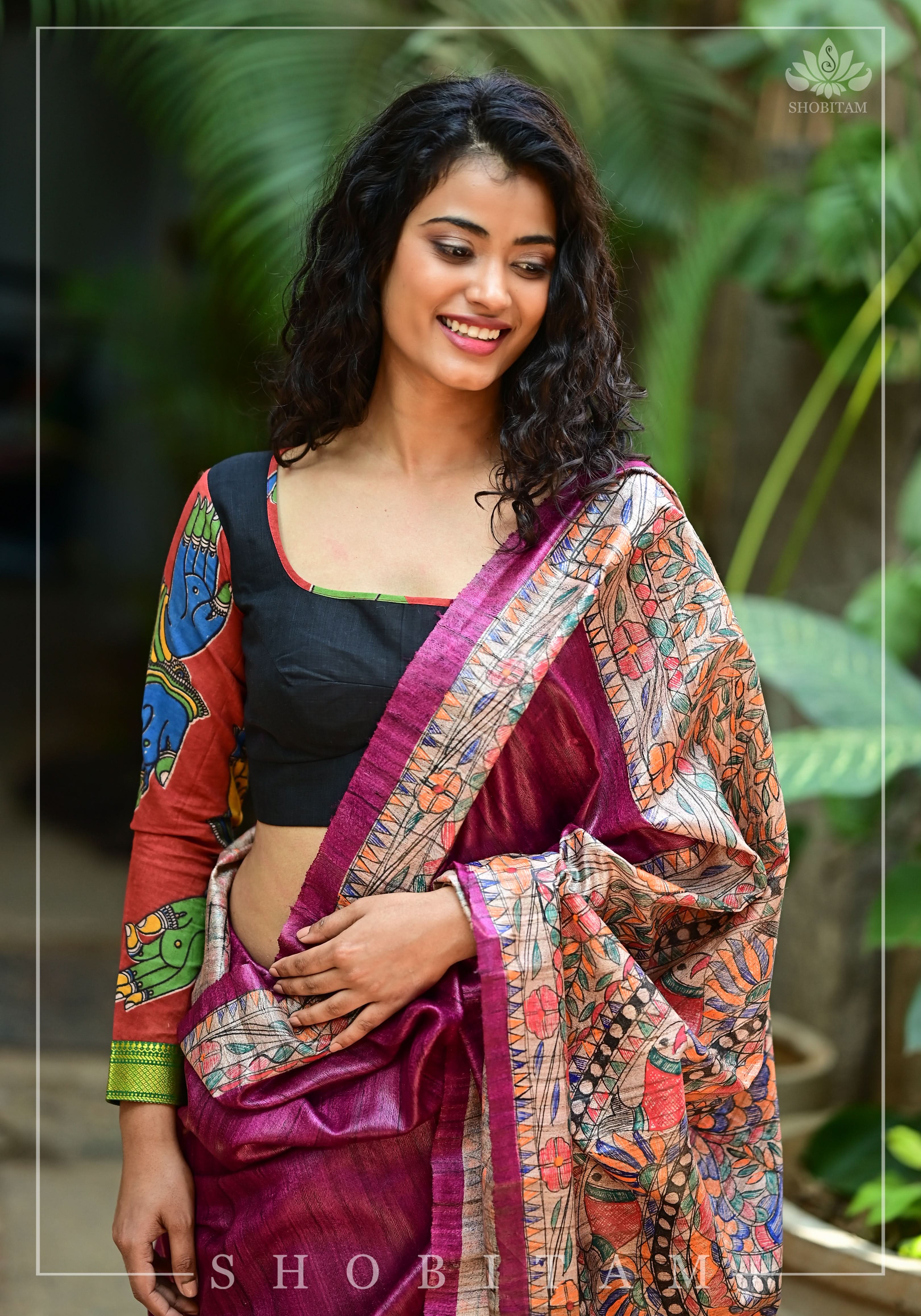 Kalamkari block print and mangalagiri cotton square back cutout, full sleeves blouse | Shobitam - Image 8