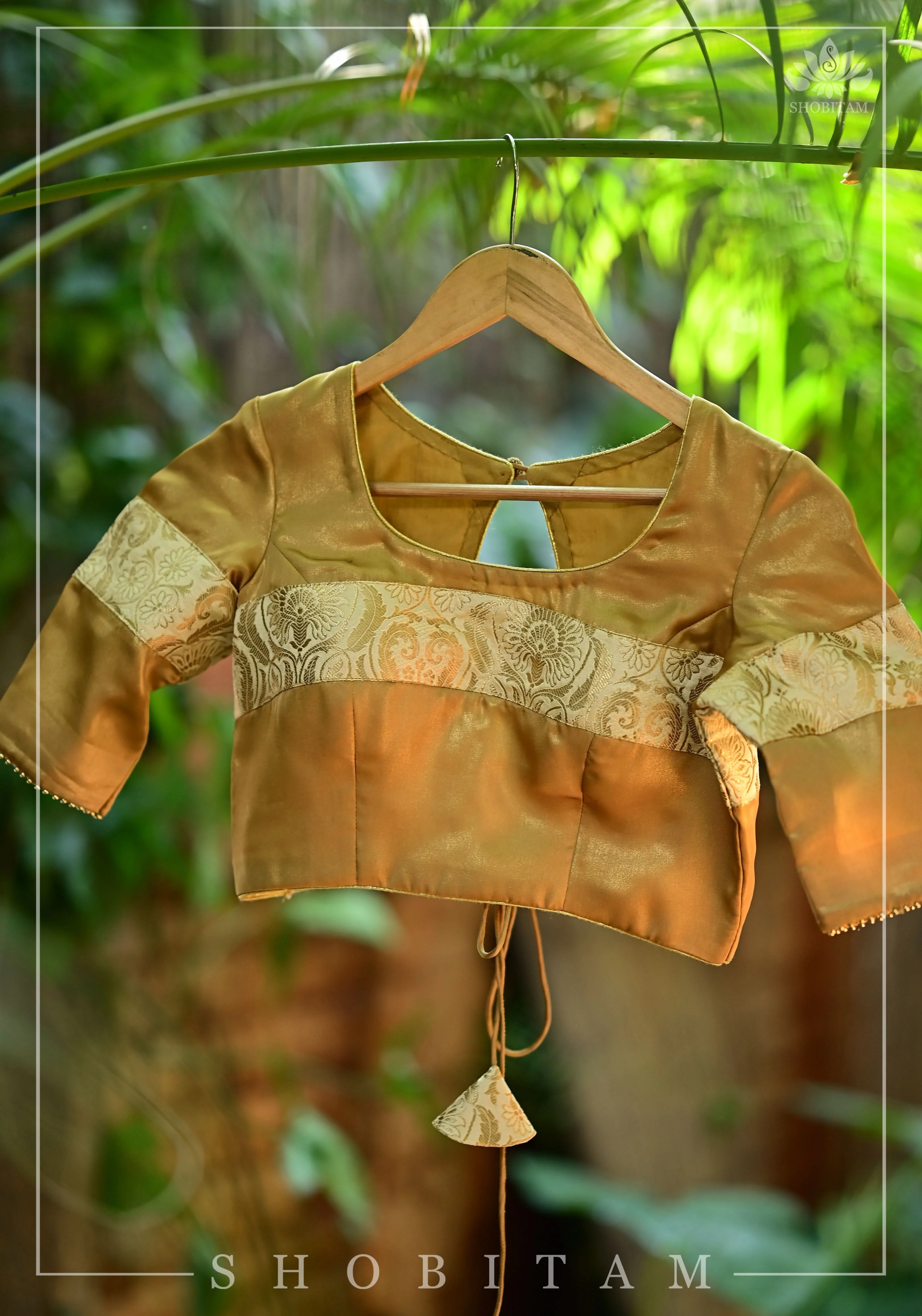 Gold tone Blouse with Tan Banarasi band and keyhole back | Shobitam - Image 3