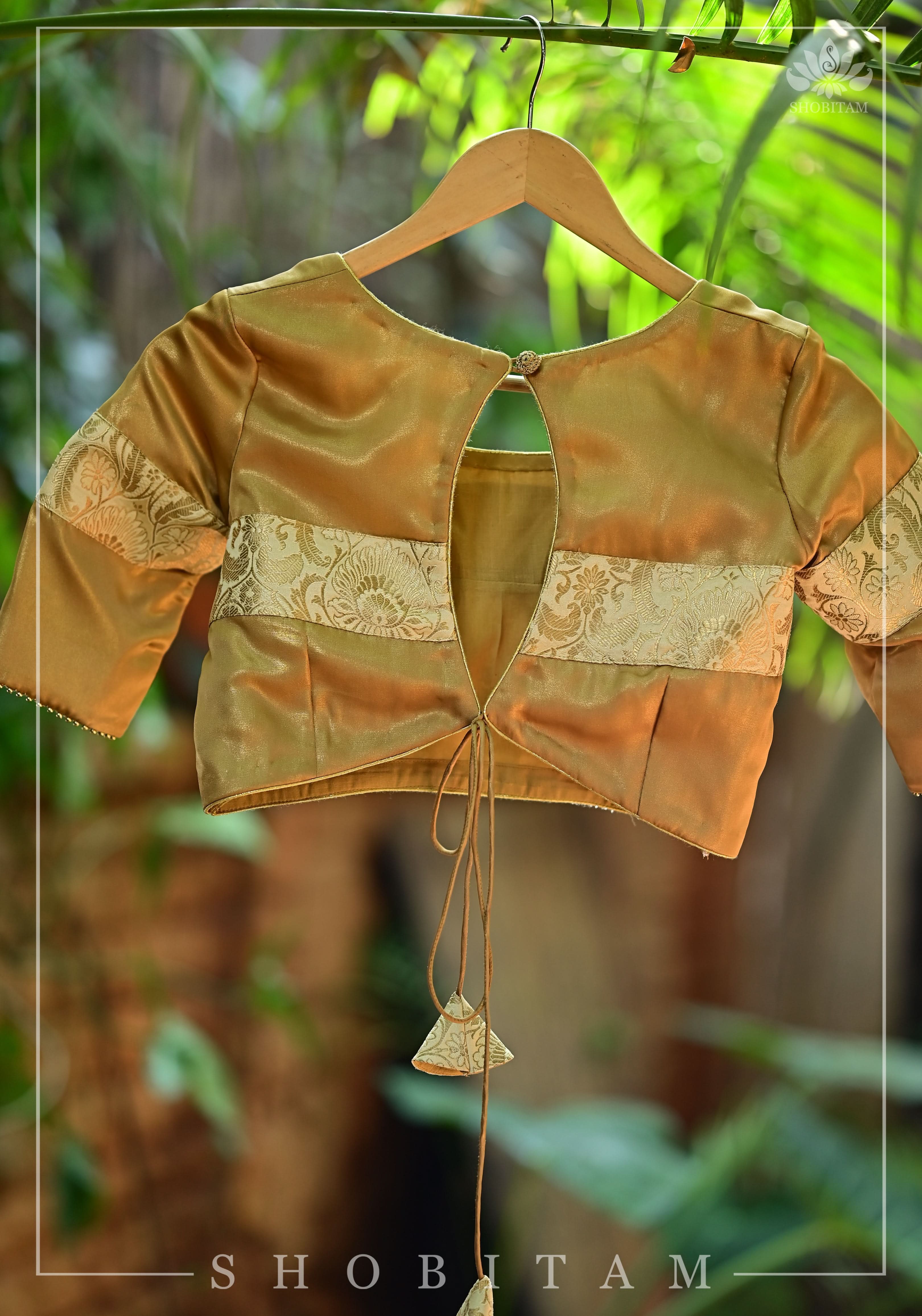 Gold tone Blouse with Tan Banarasi band and keyhole back | Shobitam - Image 4