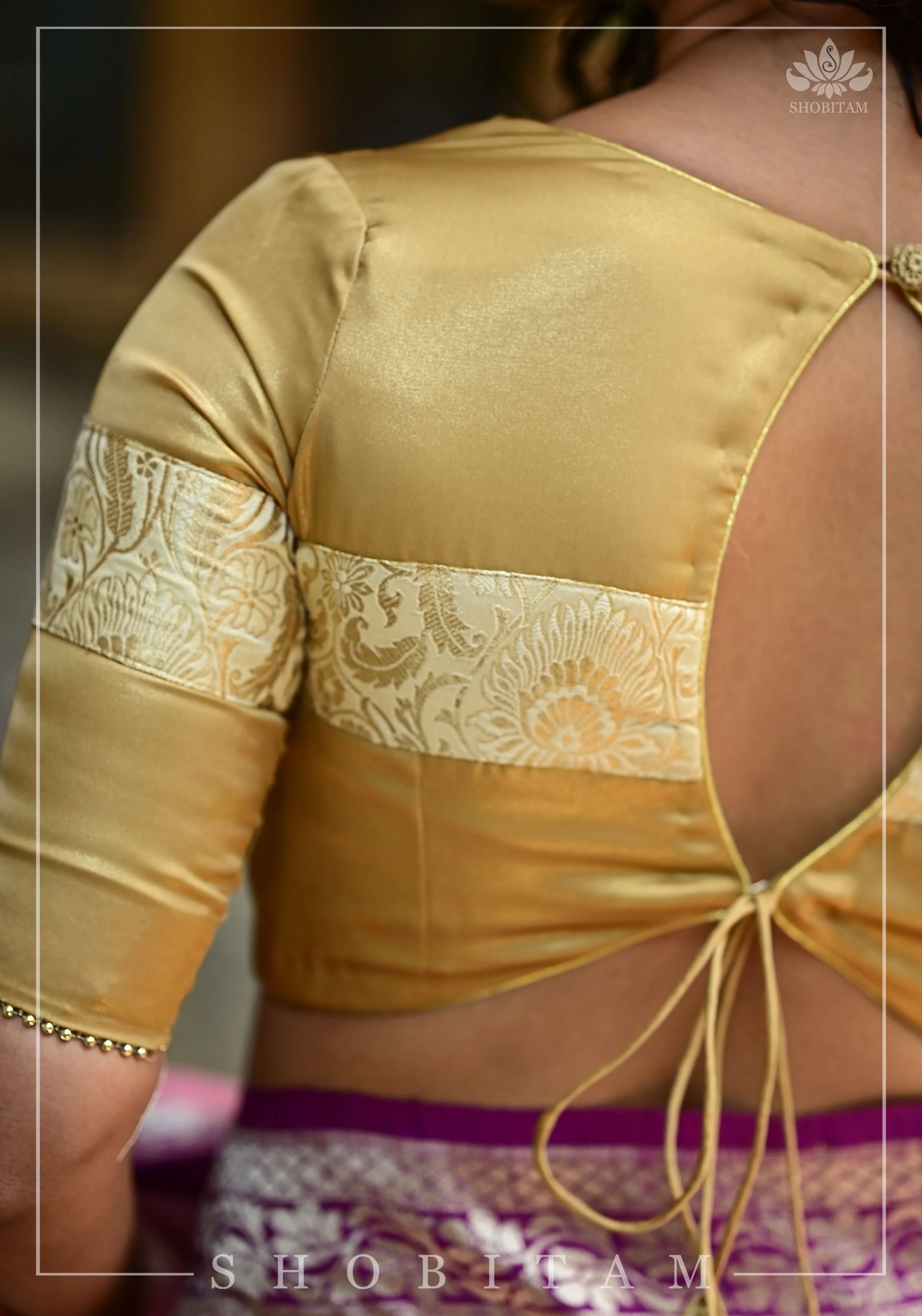 Gold tone Blouse with Tan Banarasi band and keyhole back | Shobitam - Image 6