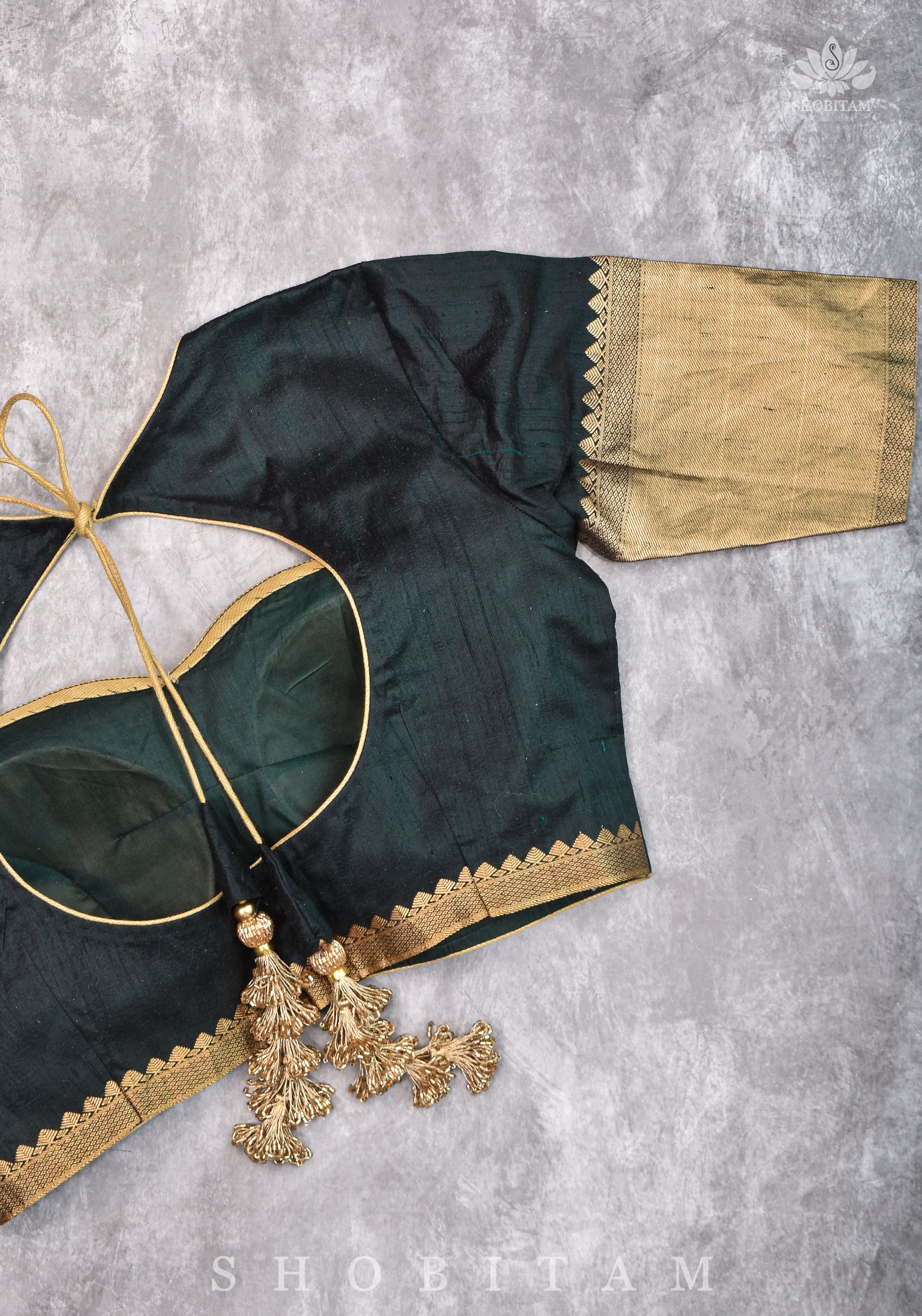 Green Pure Raw Silk Blouse with Leaf Neck, Zari detailing and Cutdana Tassels | Shobitam - Image 4
