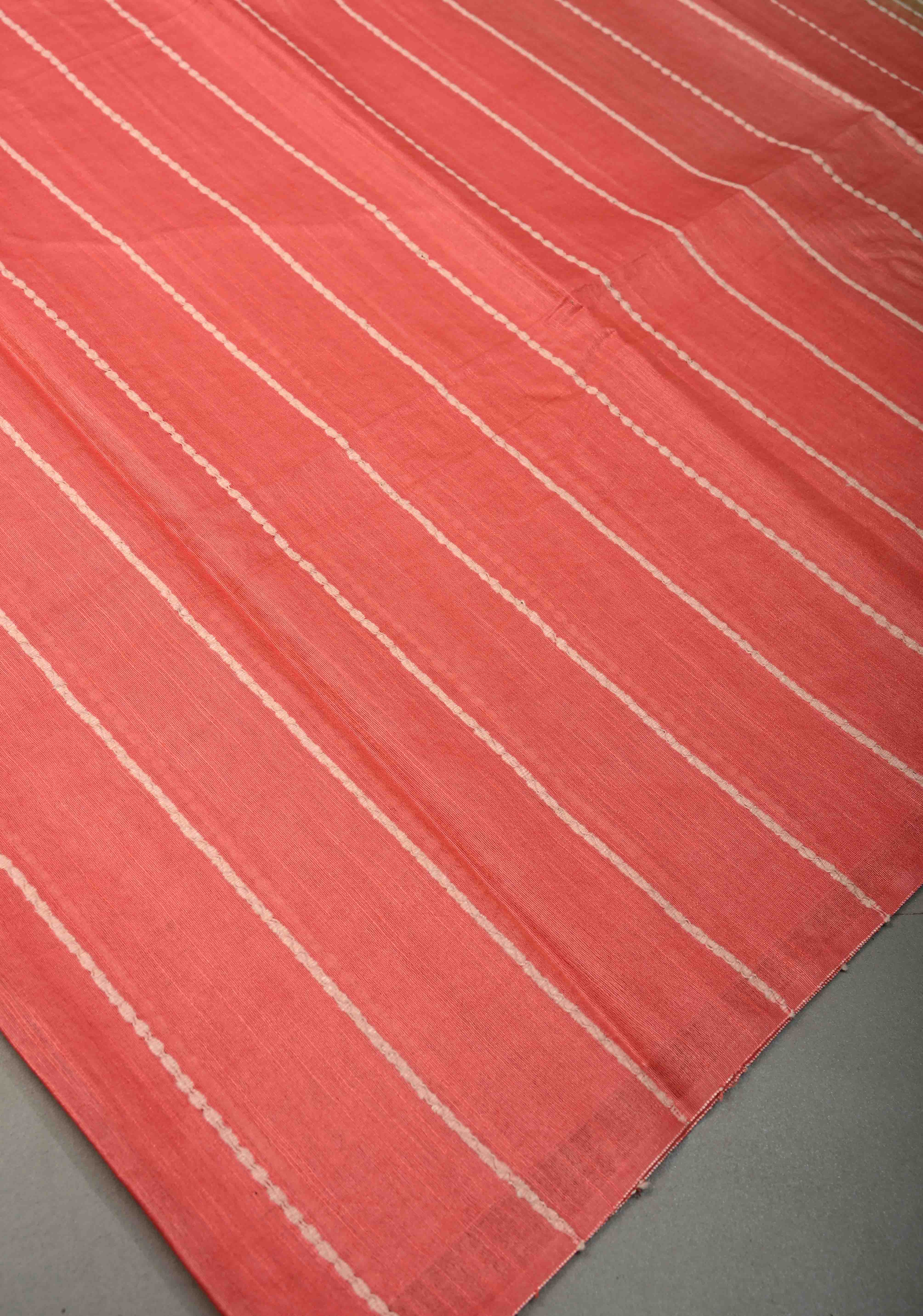 Coral Pink Borderless Semi Tussar Saree with Thread Horizontal Stripes and Contrast Pallu | Shobitam - Image 4