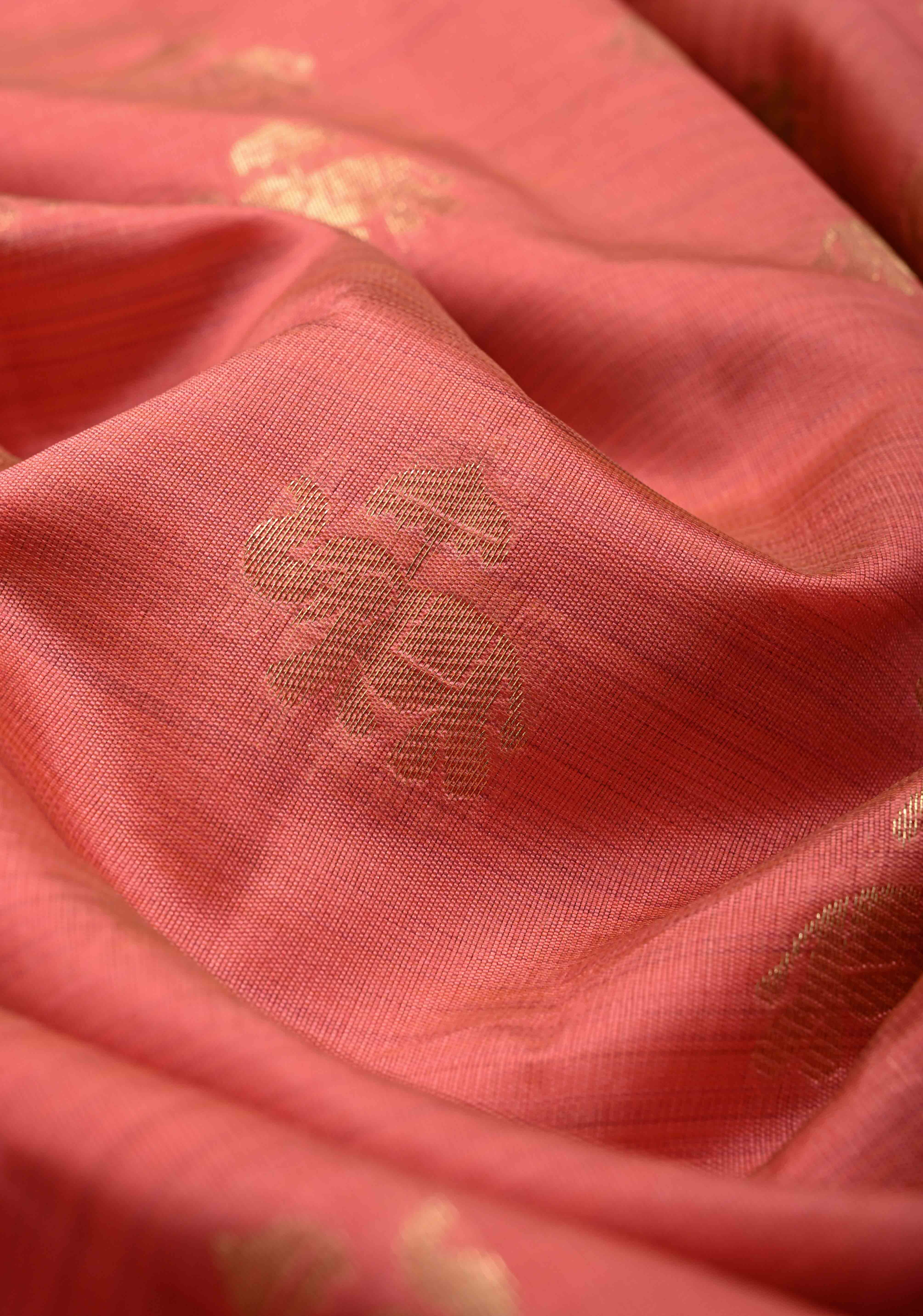 Coral Pink  Kanjivaram Semi Silk Saree with Elephant Zari Buttas and procession Zari Border | Shobitam - Image 4