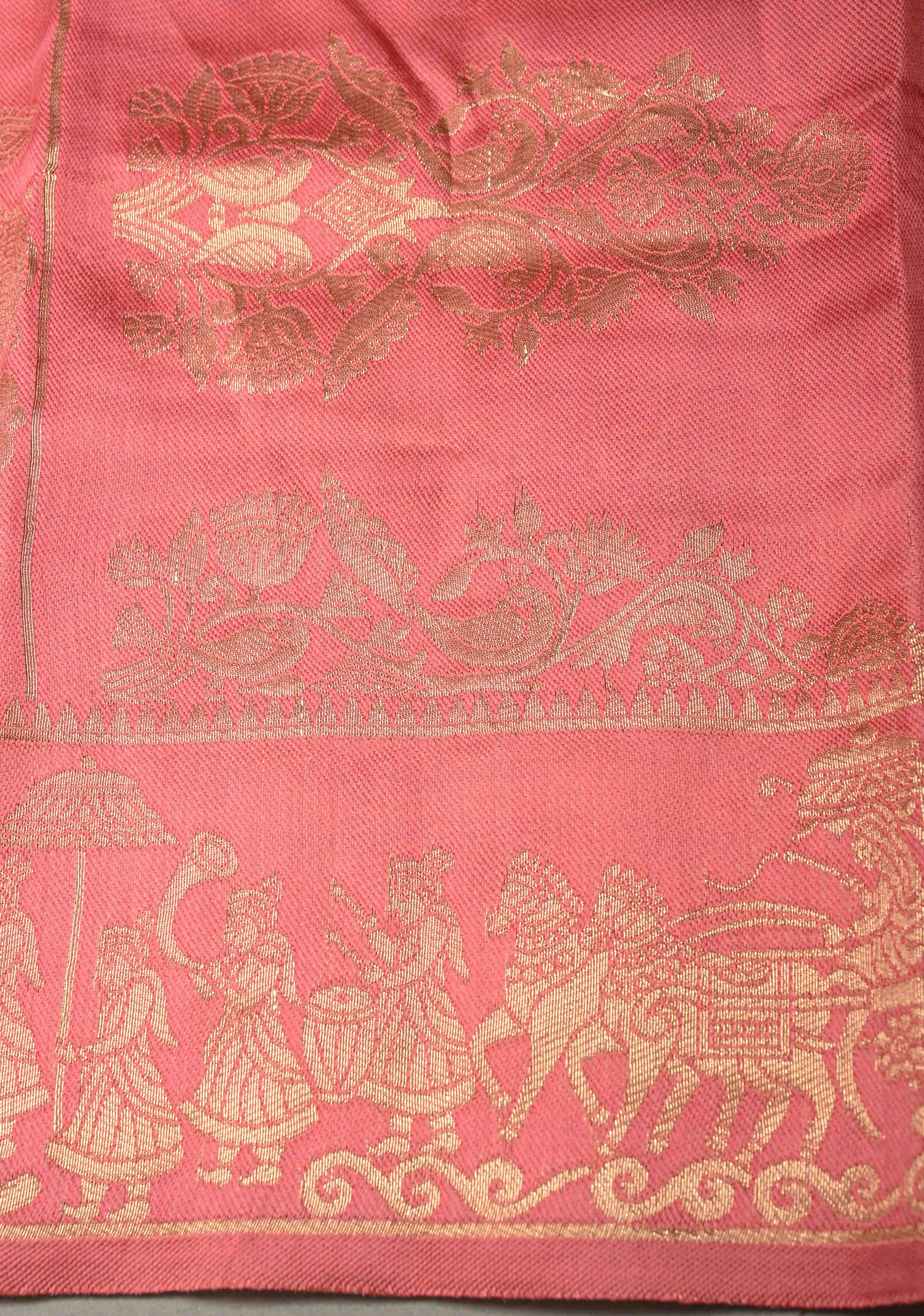 Coral Pink  Kanjivaram Semi Silk Saree with Elephant Zari Buttas and procession Zari Border | Shobitam - Image 6