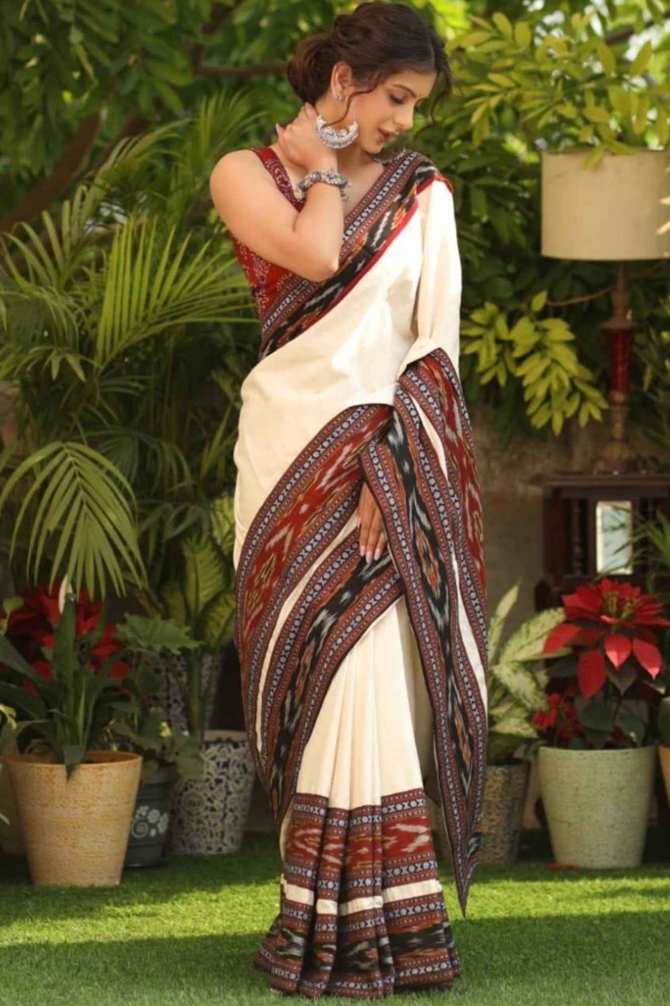 Cotton Ajrakh in Off-White with Rust & Black Vegetable-Dyed Ready To Wear Saree - Image 14