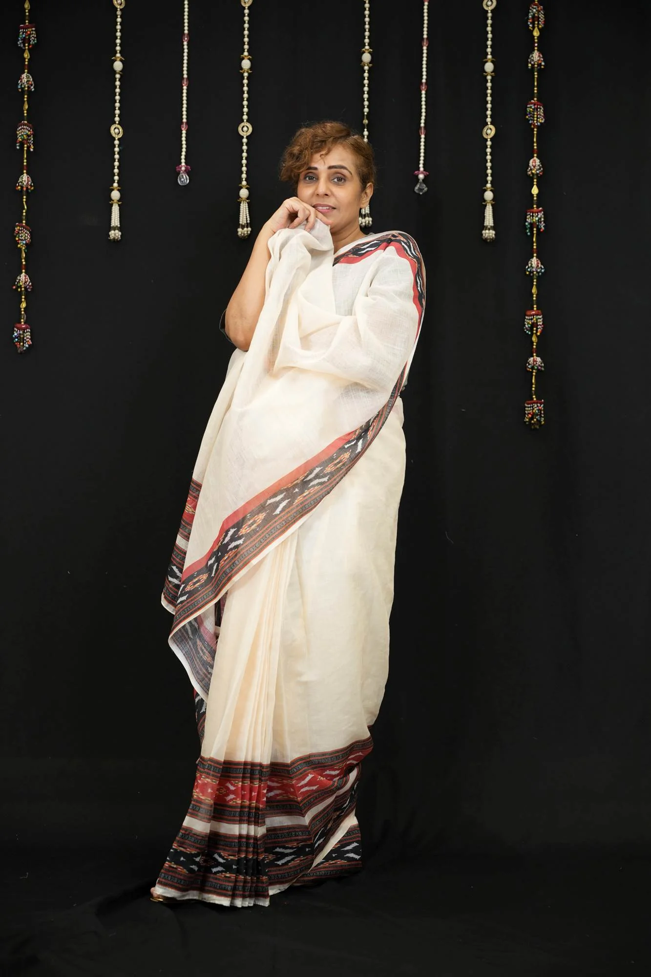 Cotton Ajrakh in Off-White with Rust & Black Vegetable-Dyed Ready To Wear Saree - Image 20