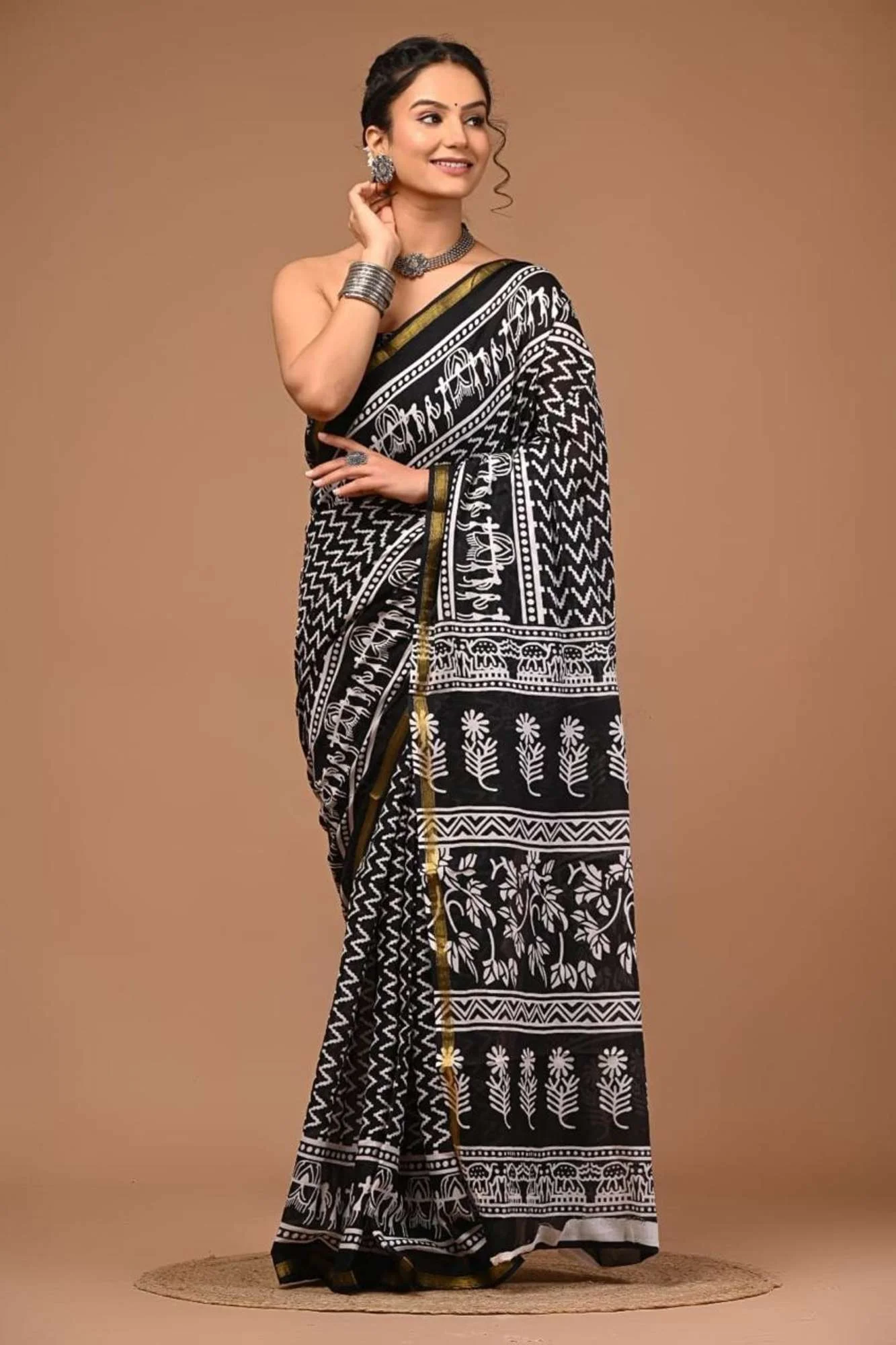 Cotton Bagru Printed with Golden Border Ready To Wear Saree - Image 11