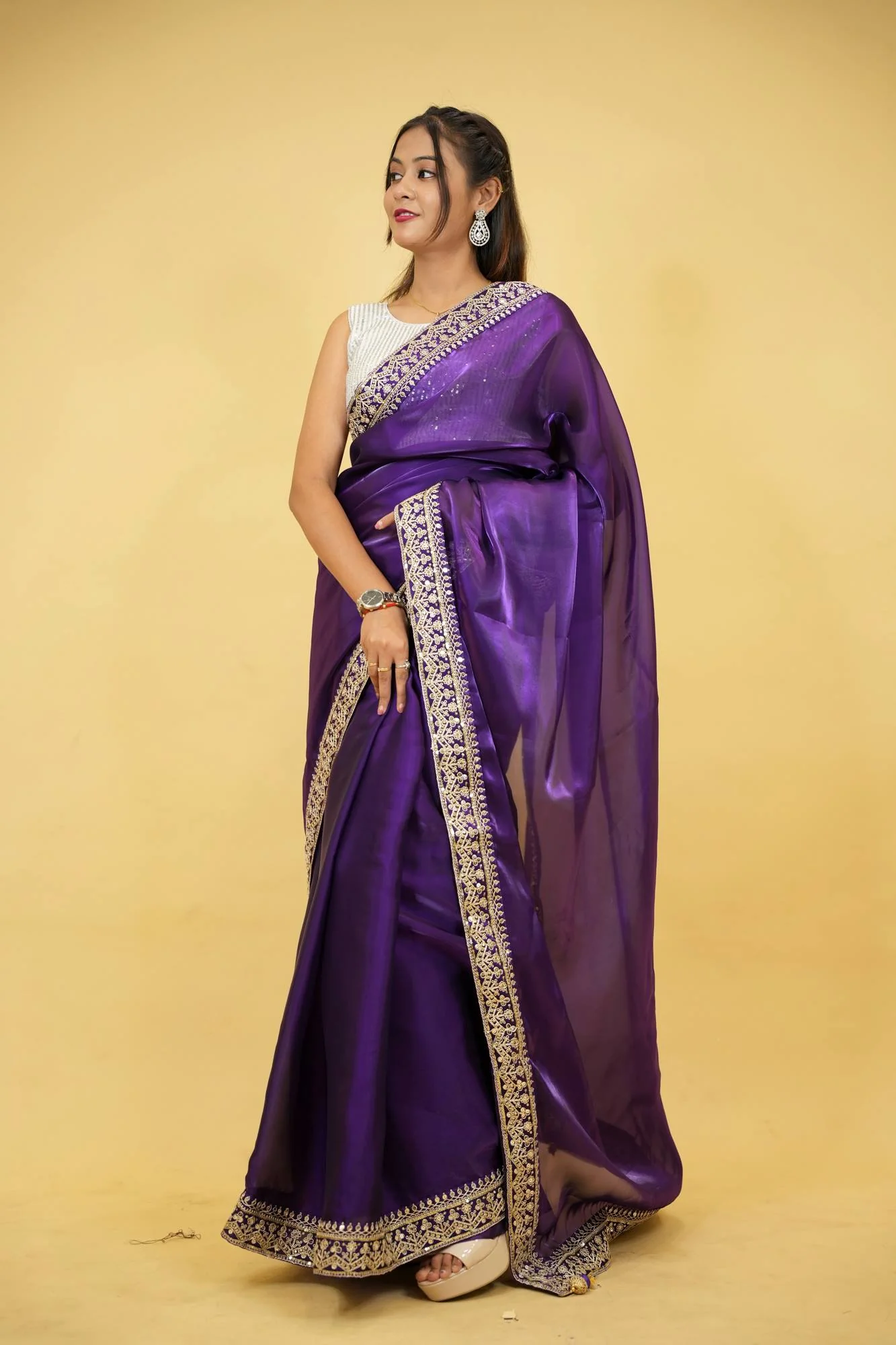 Cotton Organza Crepe Royal Purple with Zari Embroidery Ready To Wear Saree with ready halter blouse - Image 15