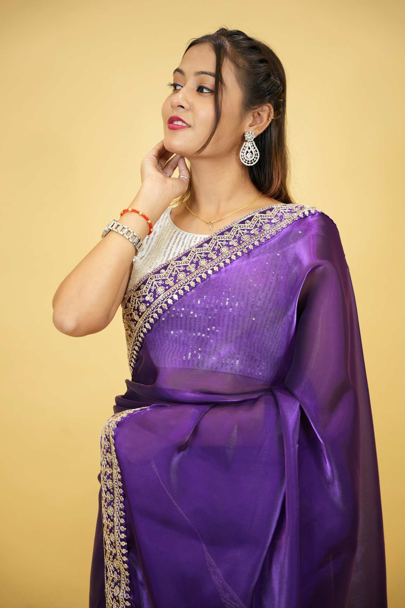 Cotton Organza Crepe Royal Purple with Zari Embroidery Ready To Wear Saree with ready halter blouse - Image 17