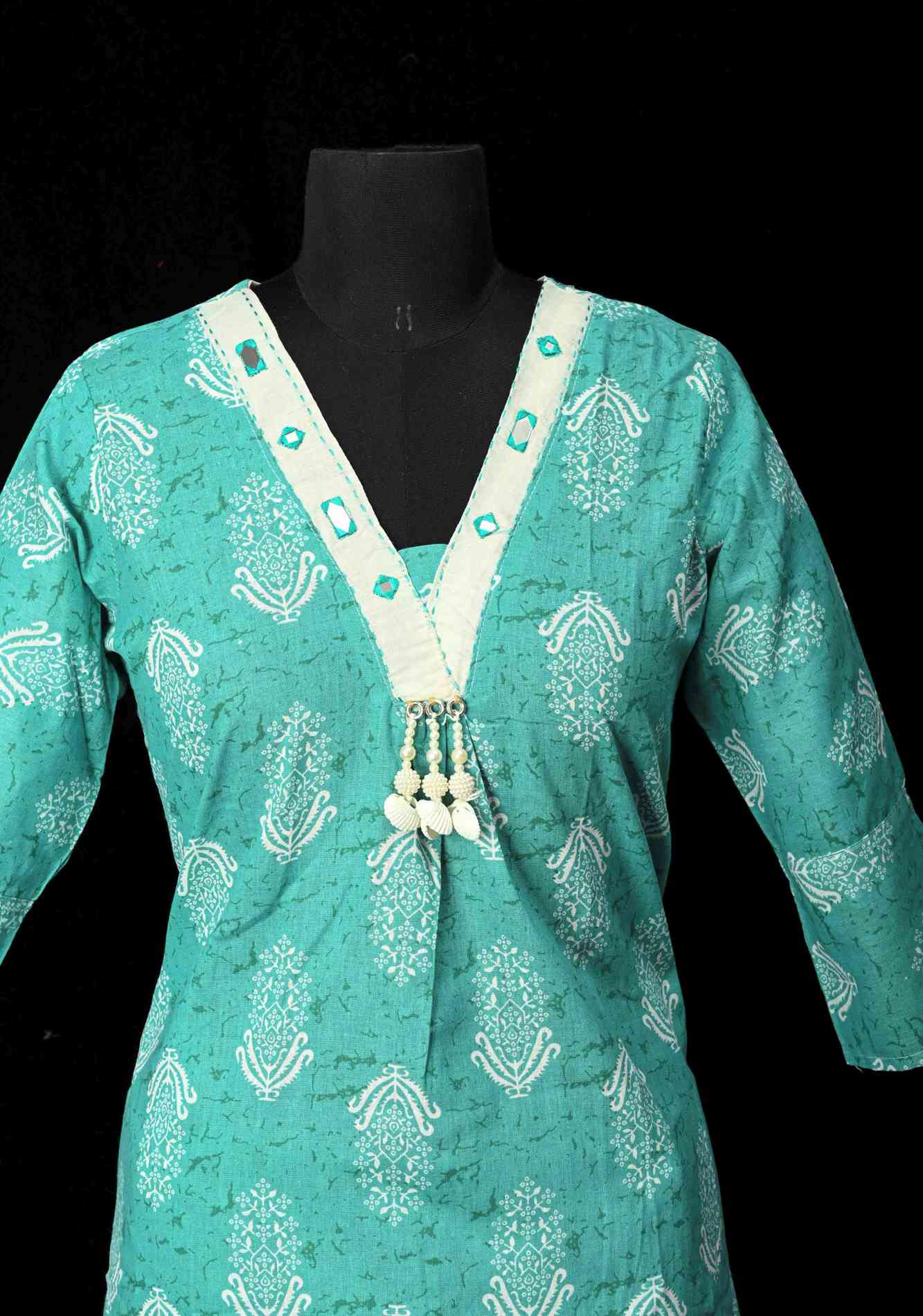 Cotton Jaipuri Print Blue A-Line Kurti Set with Contrast Neck Detailing | Made to Order - Image 6