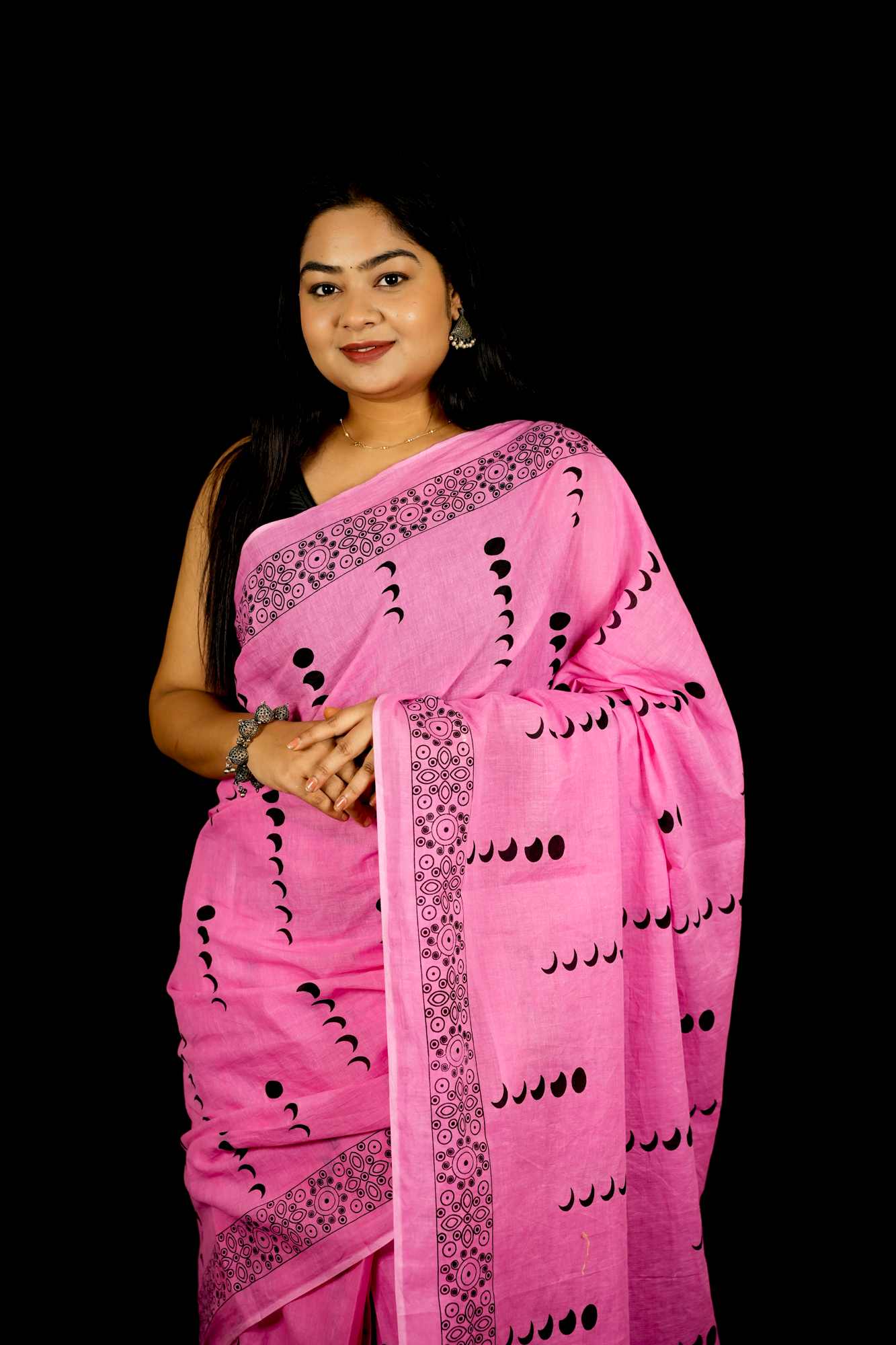 Cotton Pink Jaipuri Printed with Black Block Prints and Zari Border Ready To Wear - Image 8