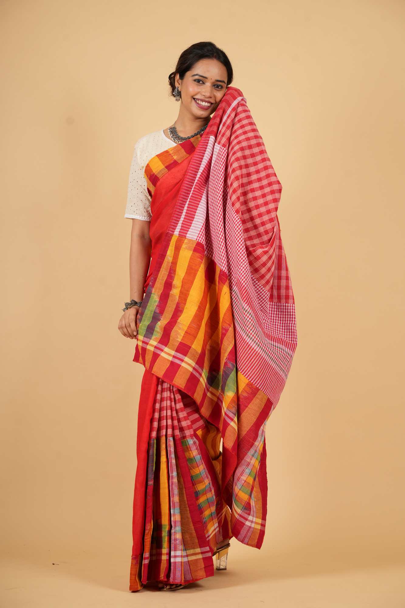 Cotton Red Gamcha Pattern Mix & Match Ready To Wear Saree - Image 5