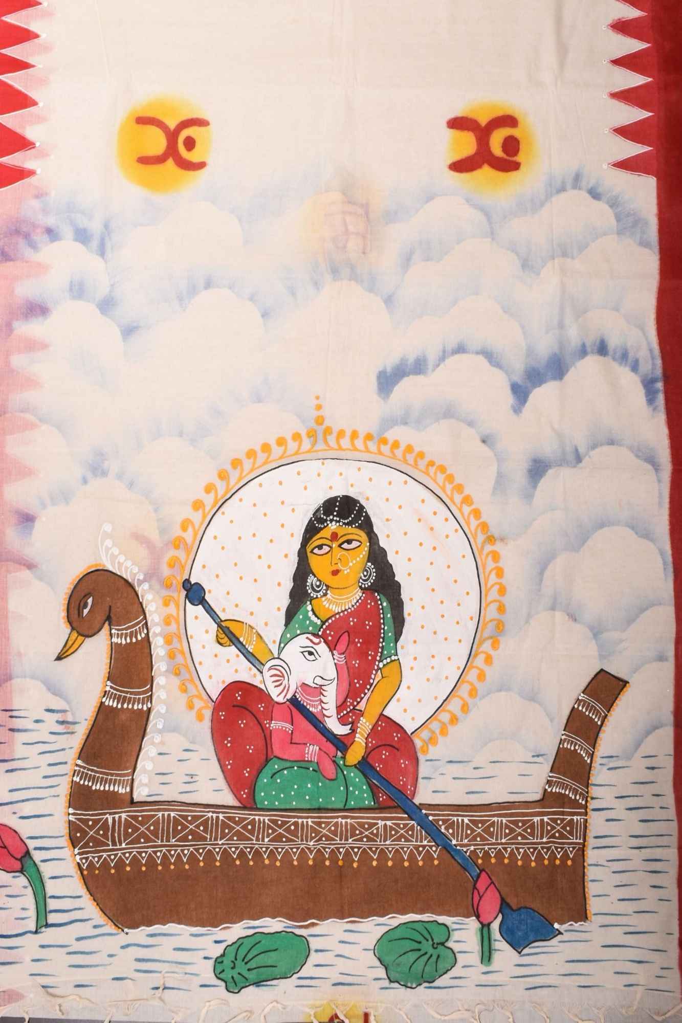 Cotton Saree with Handpainted Parvathy and Ganesha on Boat, Saree only, Ready to wear saree - Image 3