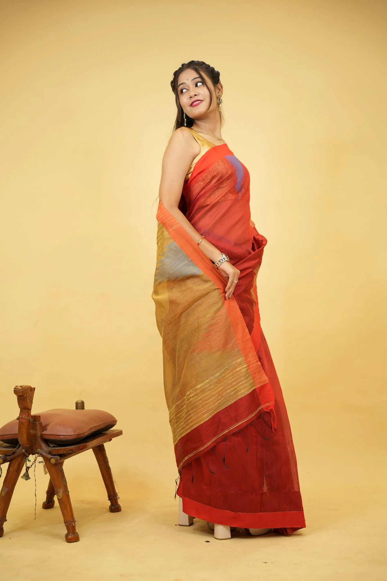 Cotton Silk Handloom with Temple Border & Box Weave Ready To Wear Saree - Image 7