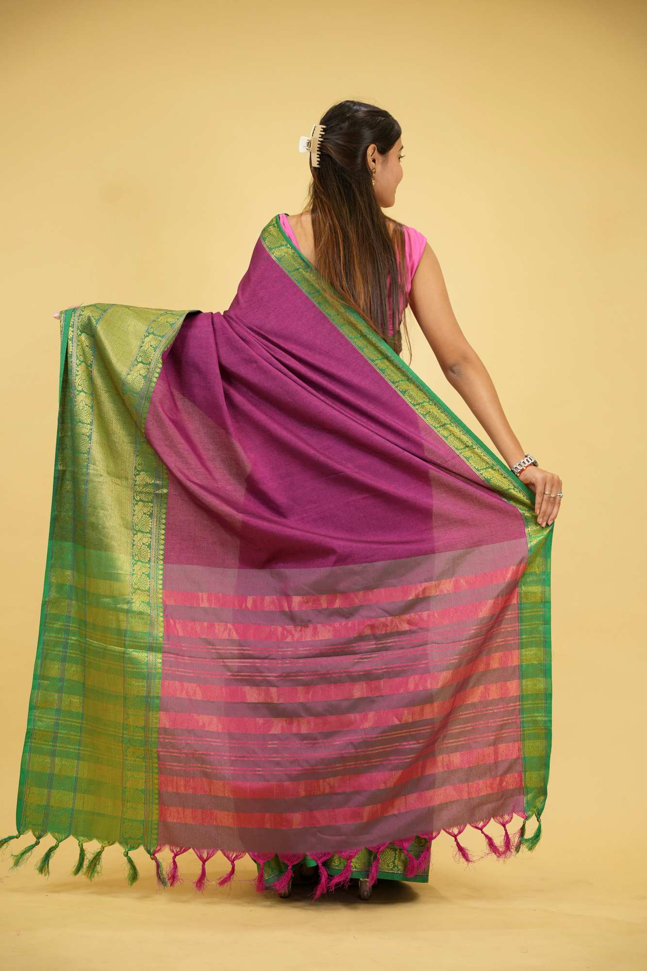 Cotton Silk With Gold woven Zari Work &  Contrast pallu ready to Wear Saree - Image 10