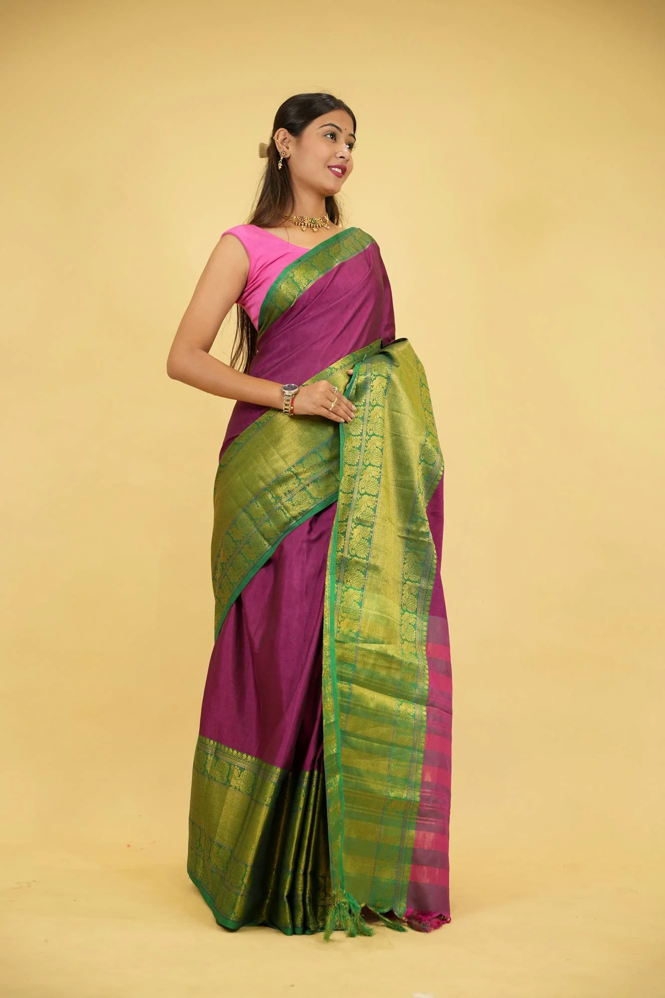 Cotton Silk With Gold woven Zari Work &  Contrast pallu ready to Wear Saree - Image 7