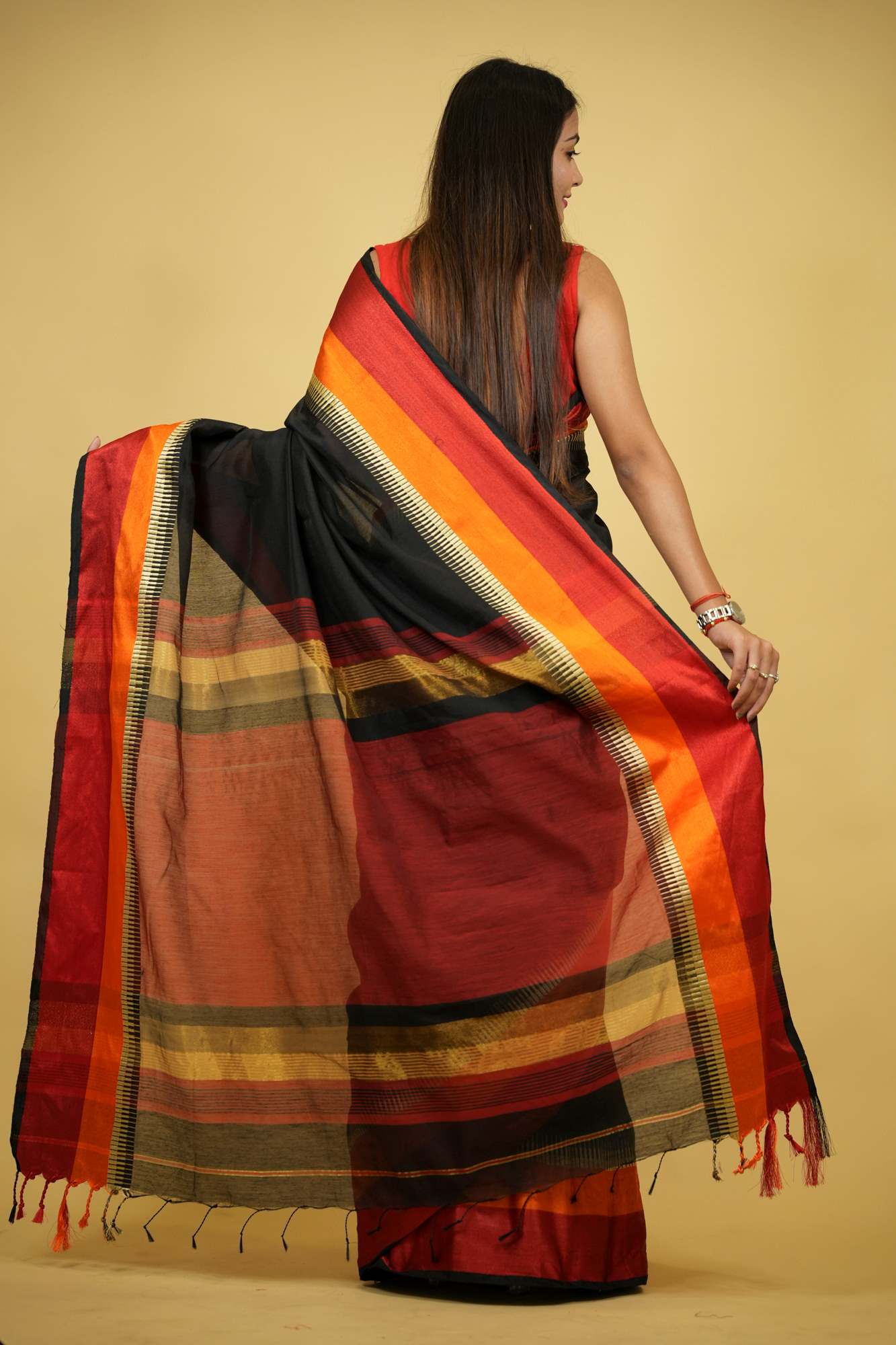Cotton Silk with Rich Striped Pallu & Dual-Tone Contrast Border Ready To Wear Saree - Image 8