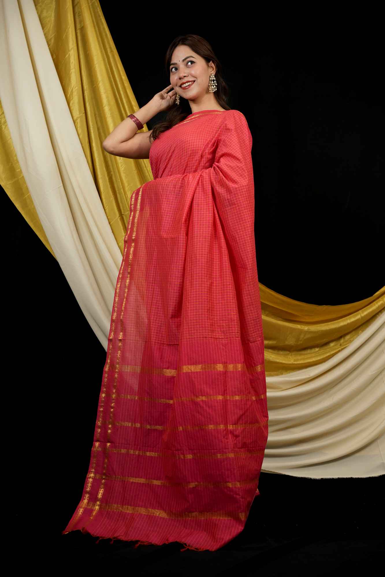 Cotton with All Over Checked Weave & Border Ready To Wear Saree - Image 10