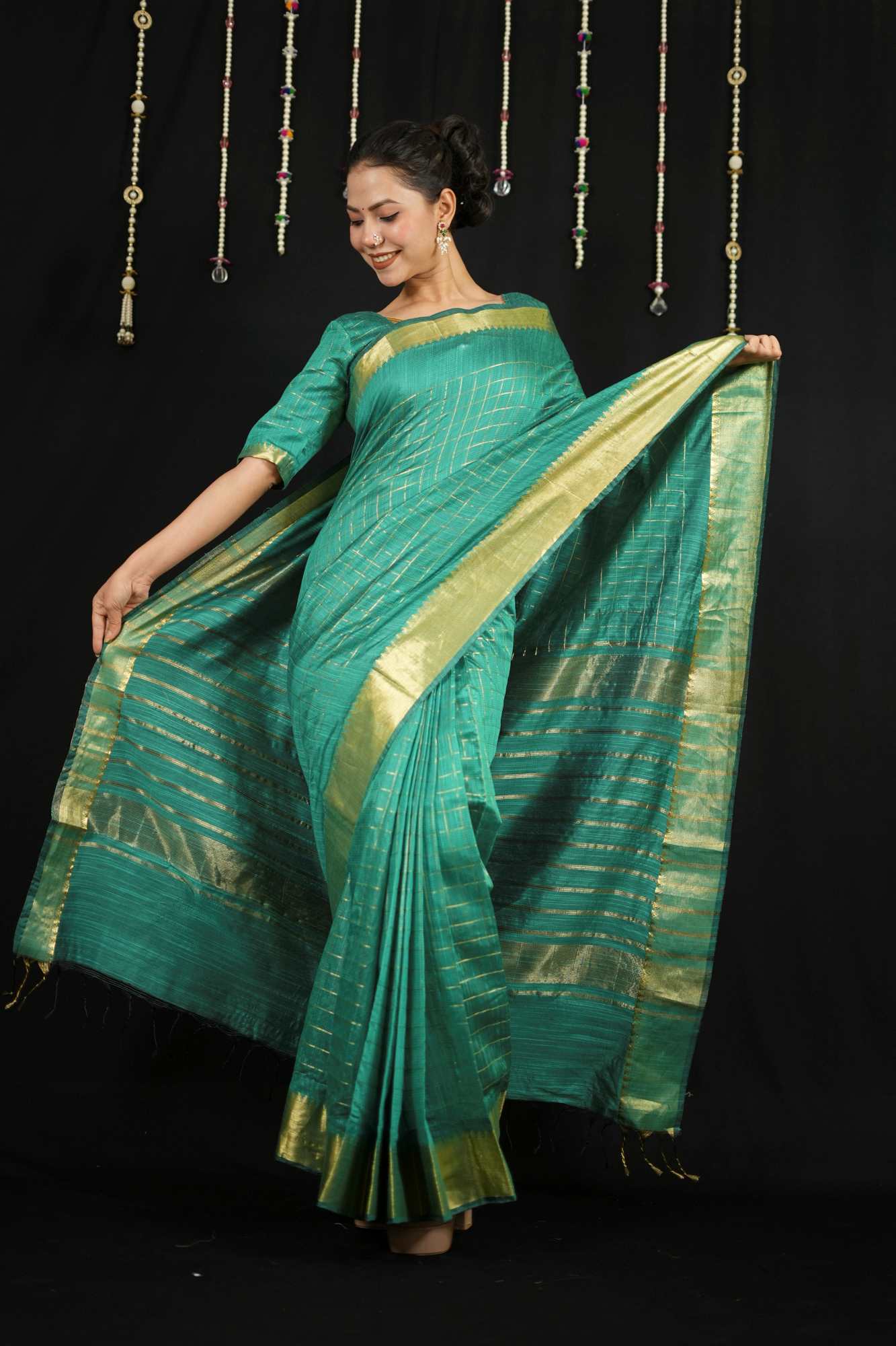 Cotton with Check Pattern and Golden Zari Border Ready To Wear Saree - Image 2
