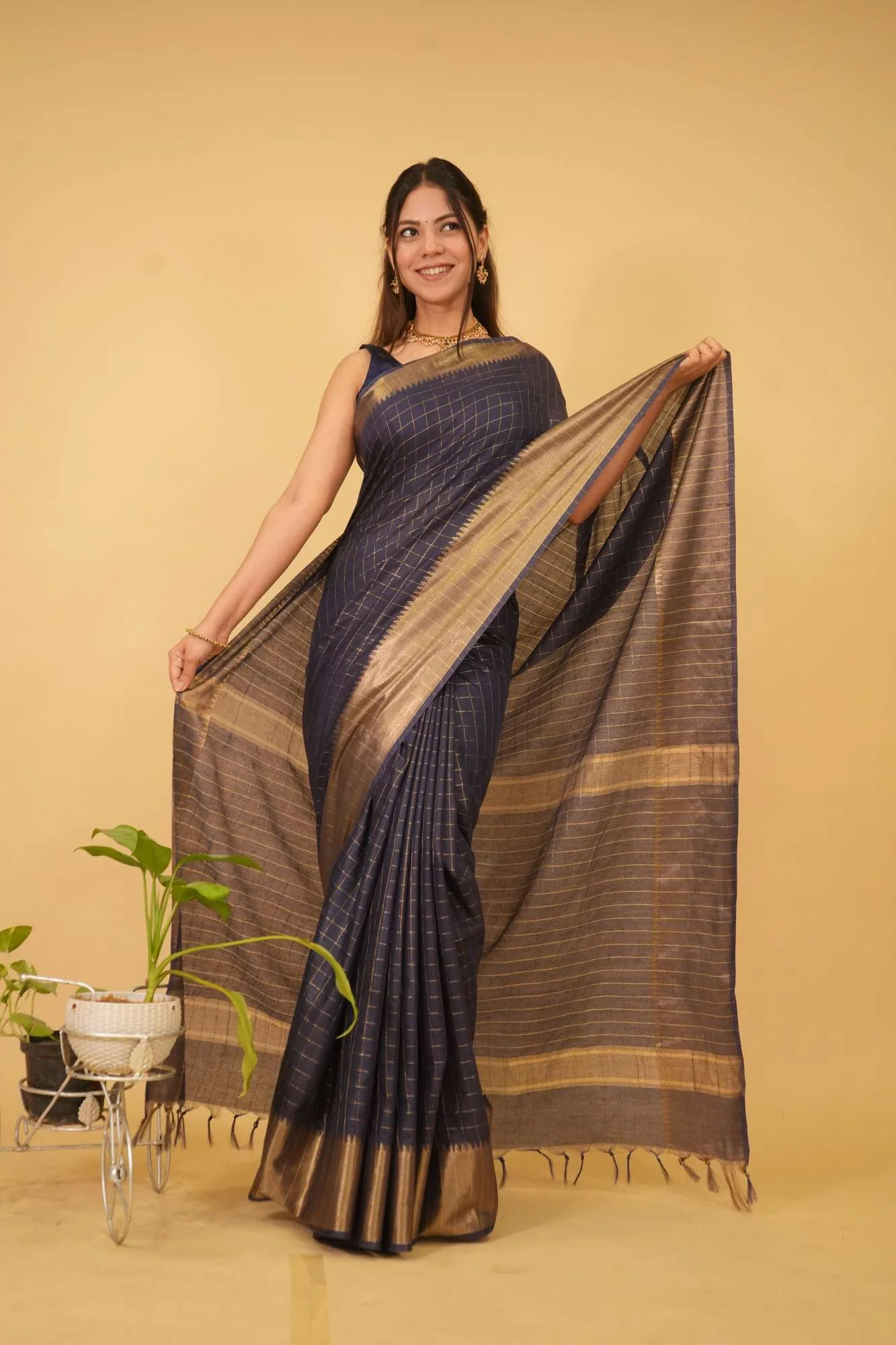 Mangalgiri Cotton Silk  With Overall Zari Checks & Broad Border With Tassels Ready To Wear Saree - Image 2