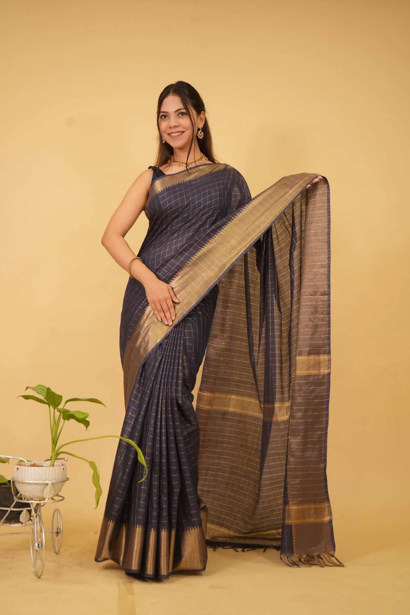 Mangalgiri Cotton Silk  With Overall Zari Checks & Broad Border With Tassels Ready To Wear Saree - Image 7
