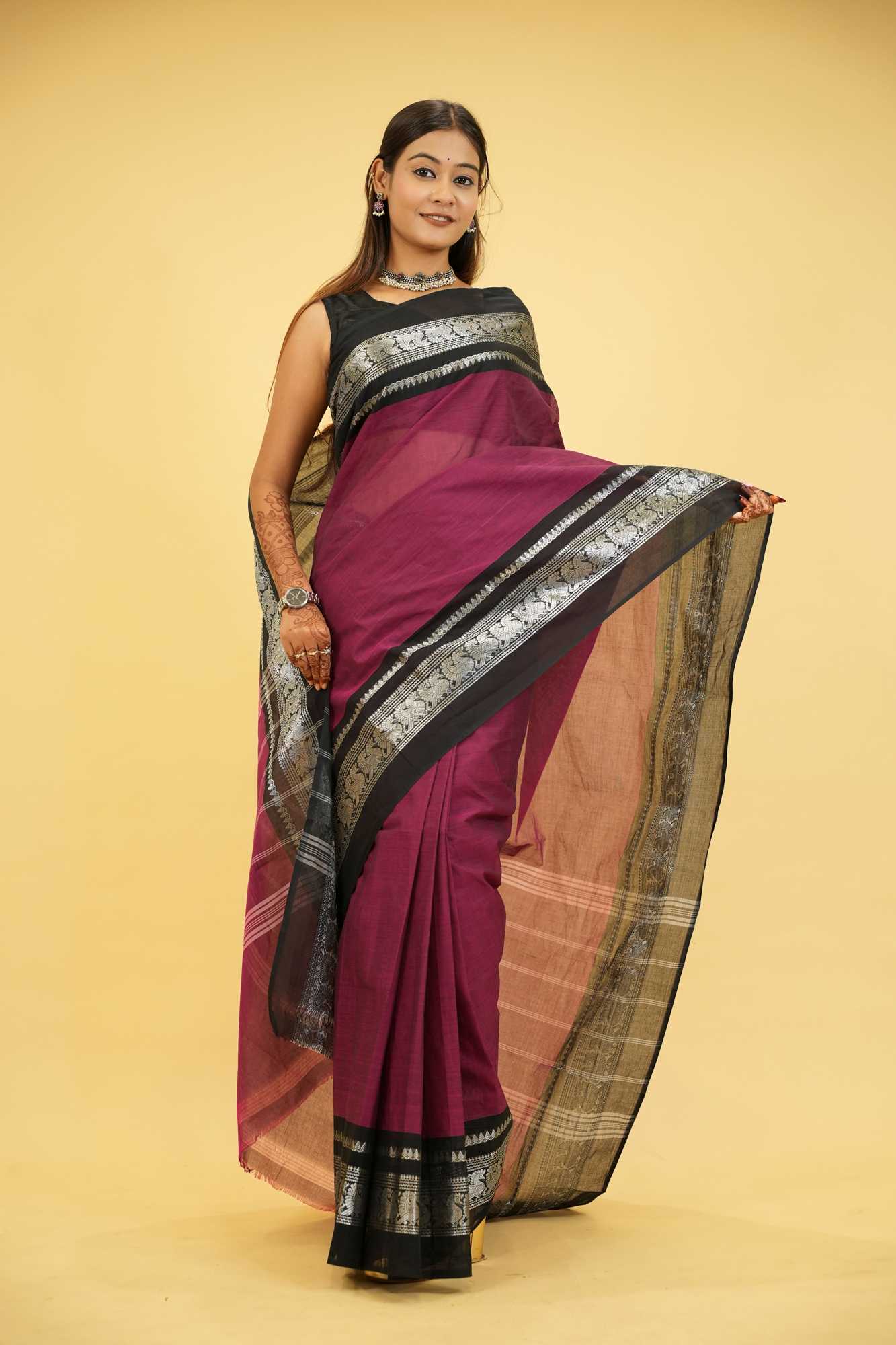 Cotton with Silver Zari Woven Border Ready To Wear Saree - Image 6