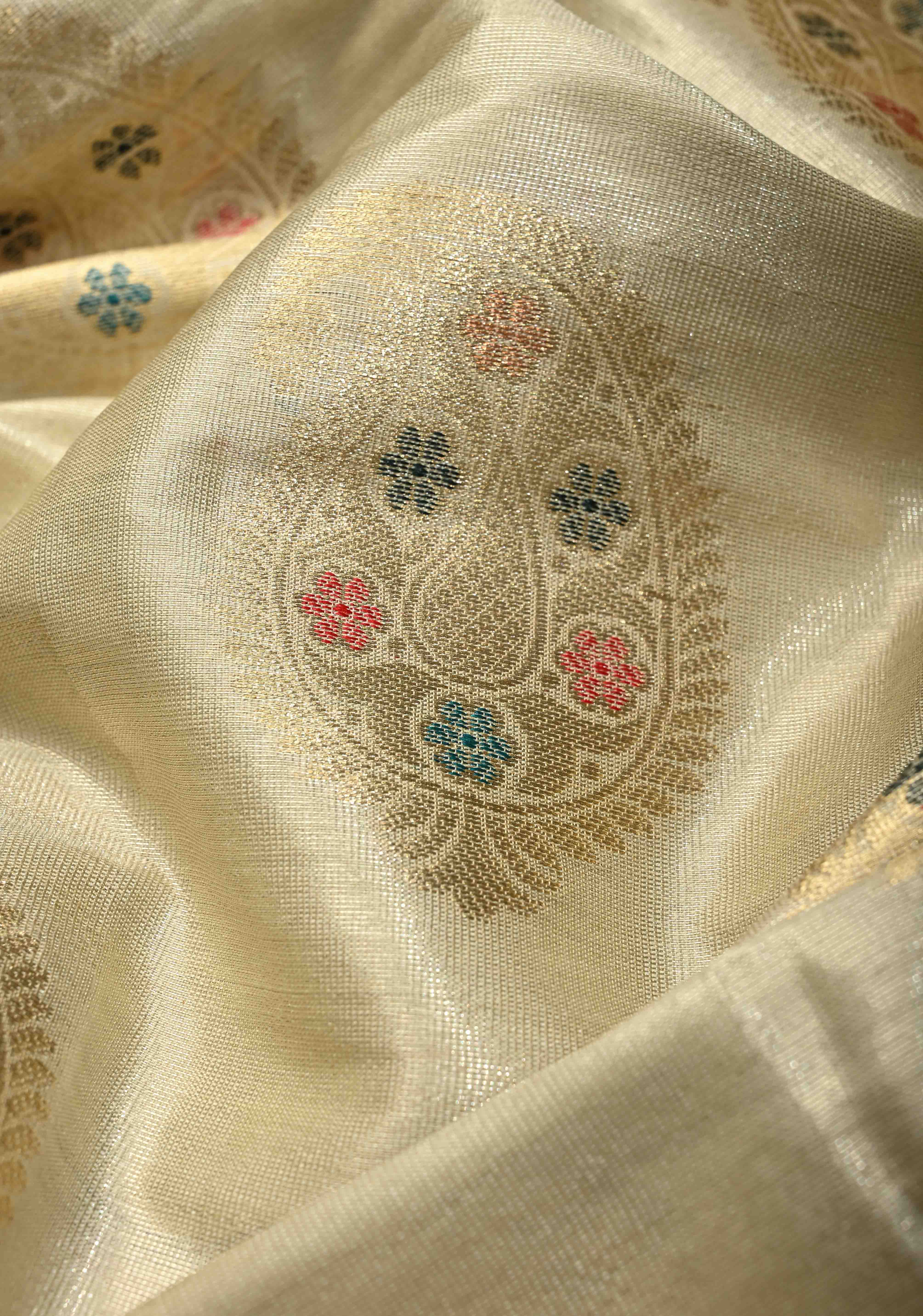 Cream Kanjivaram Tissue Semi Silk Saree with Meenakari Paisley Zari Buttas and Contrast Zari Border | Shobitam - Image 3