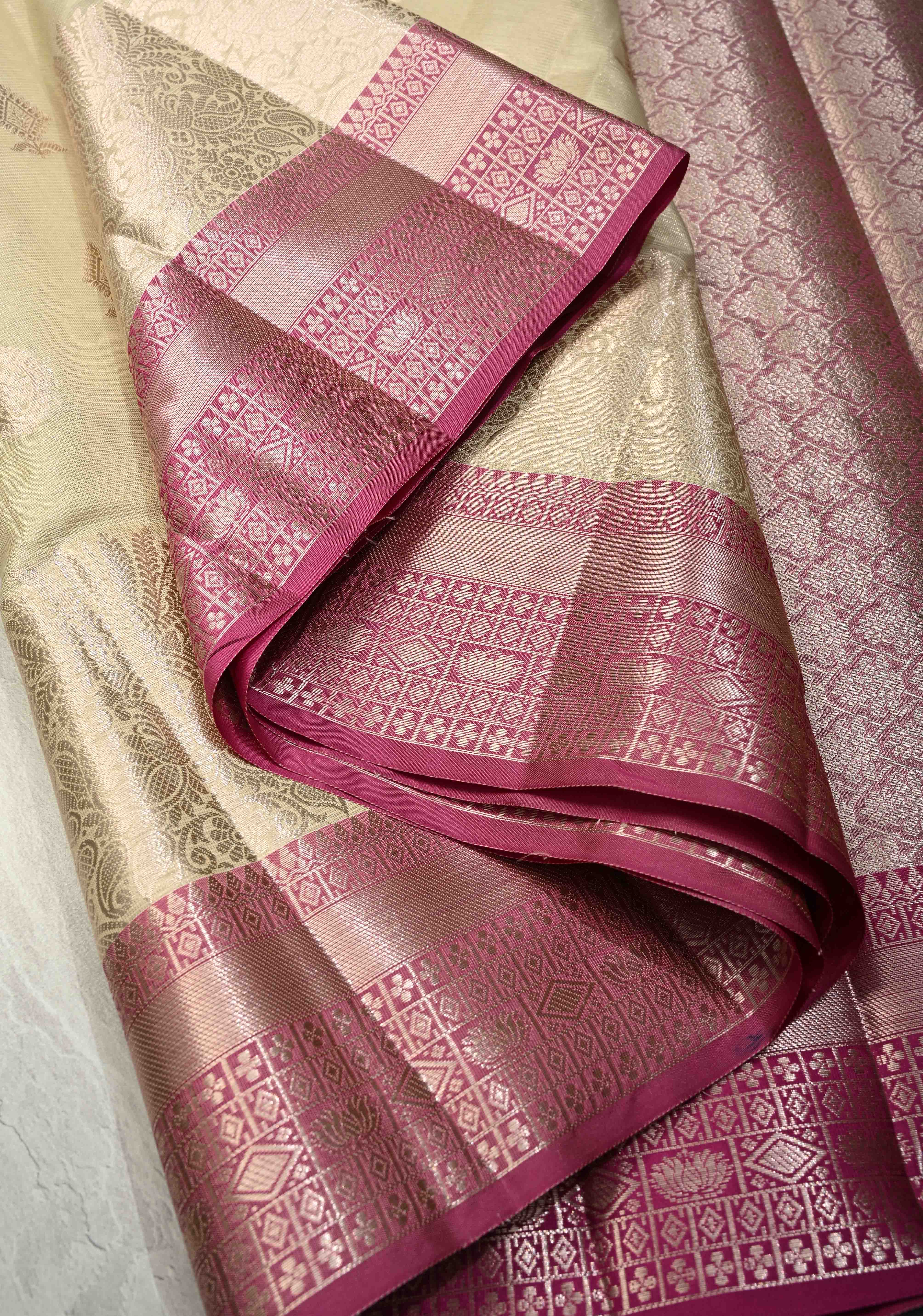 Creamy Green Kanjivaram Tissue Semi Silk Saree with Zari Buttas and Contrast Zari Border | Shobitam - Image 7