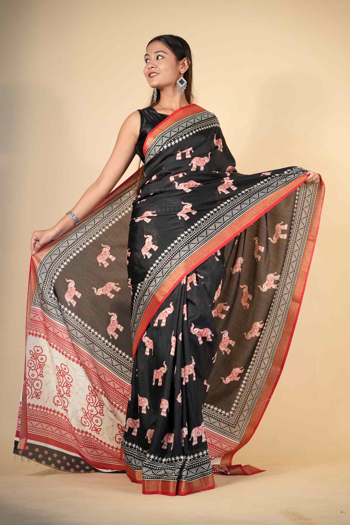Crepe Cotton with Elephant Print and Traditional Border Ready To Wear Saree - Image 3