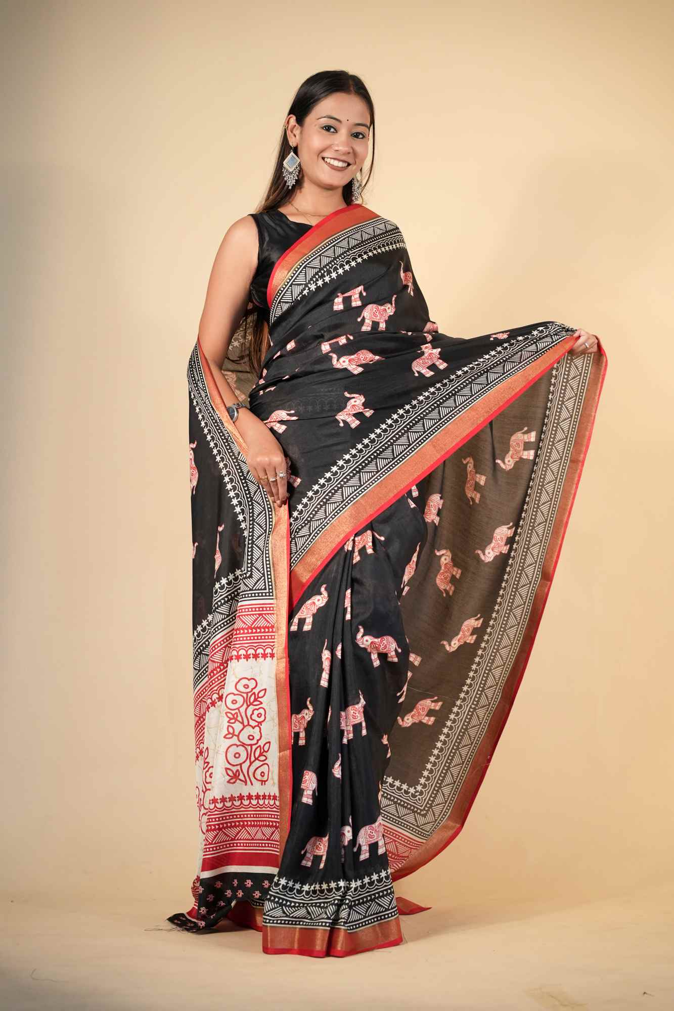 Crepe Cotton with Elephant Print and Traditional Border Ready To Wear Saree - Image 4