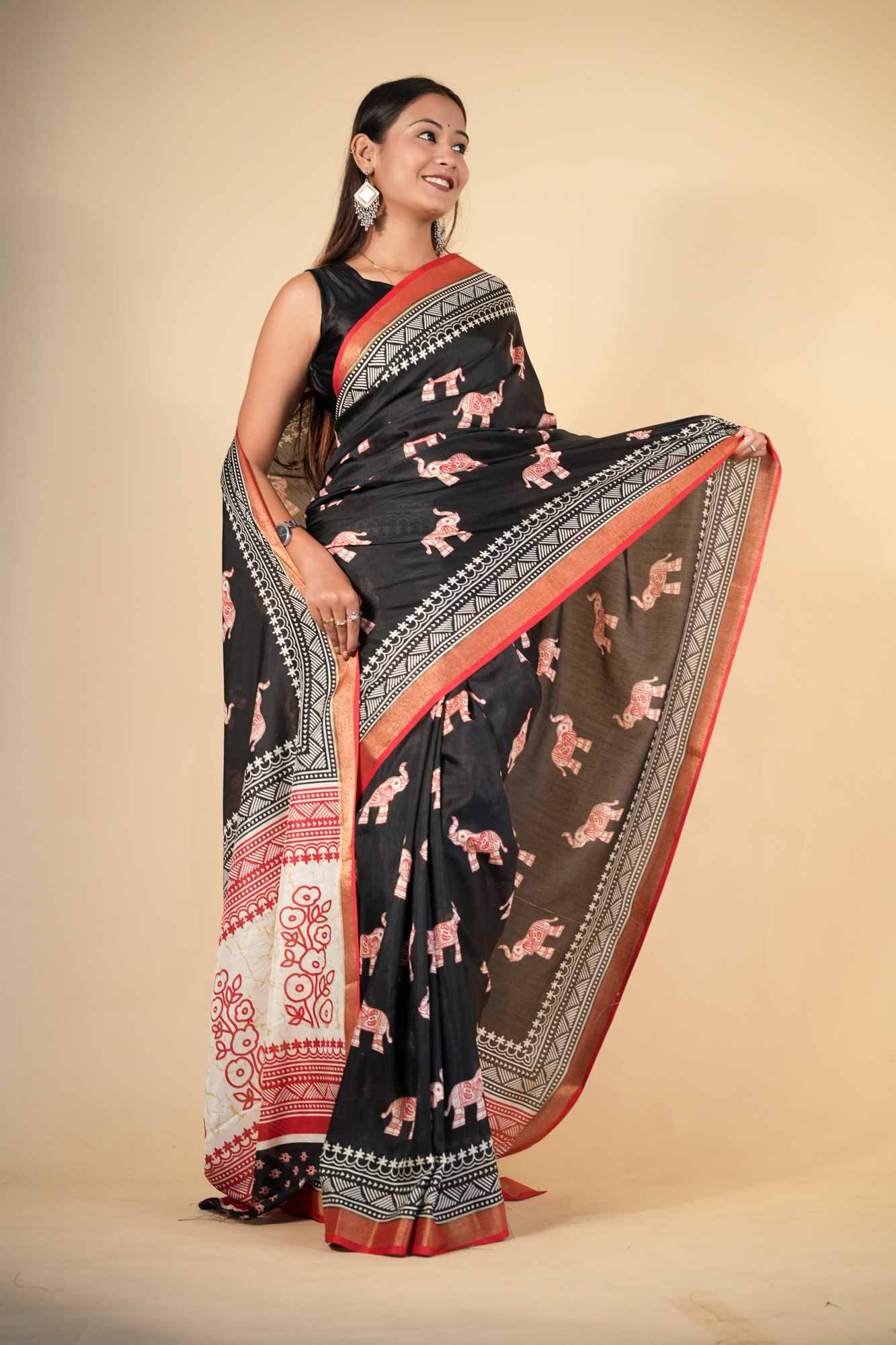 Crepe Cotton with Elephant Print and Traditional Border Ready To Wear Saree - Image 5