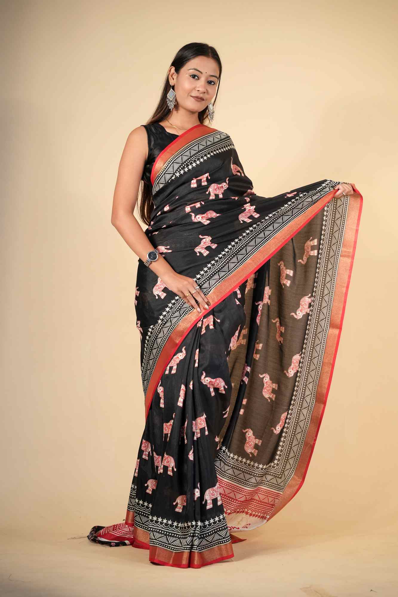 Crepe Cotton with Elephant Print and Traditional Border Ready To Wear Saree - Image 6
