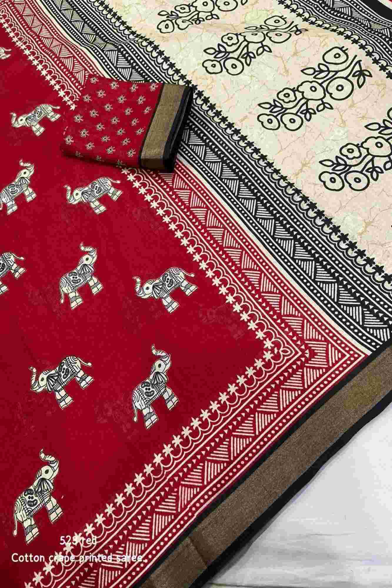 Crepe Cotton with Traditional Elephant & Floral Block Prints Ready To Wear saree - Image 12