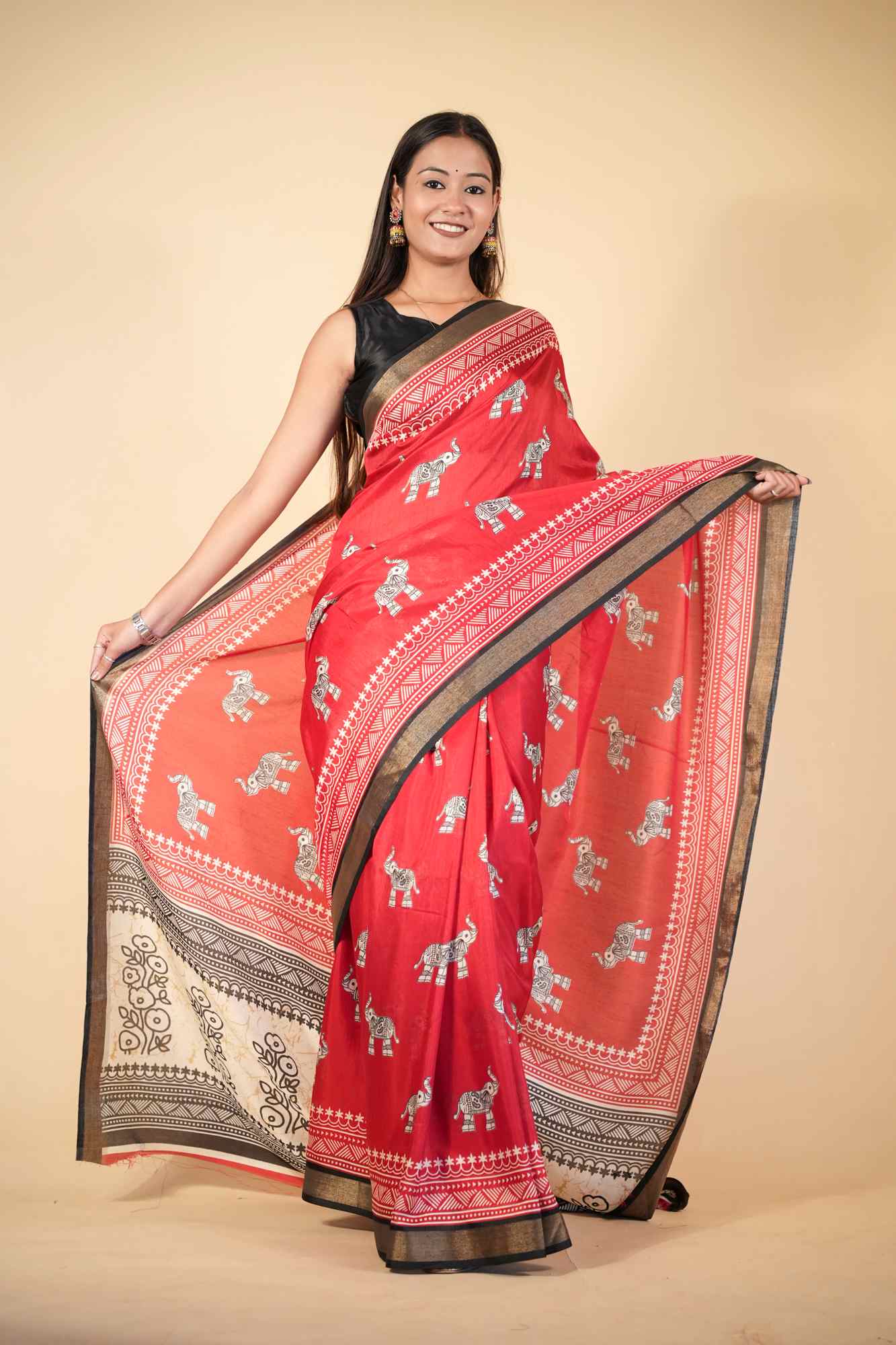 Crepe Cotton with Traditional Elephant & Floral Block Prints Ready To Wear saree - Image 2