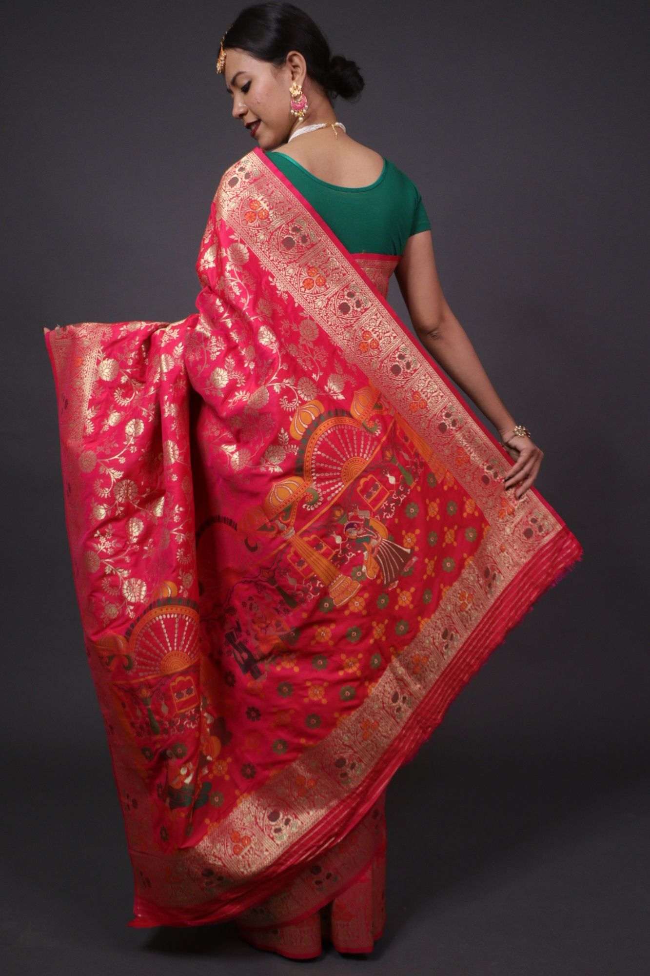 Crimson pink banarasi with meenakari pattern wrap in 1 minute saree - Image 2