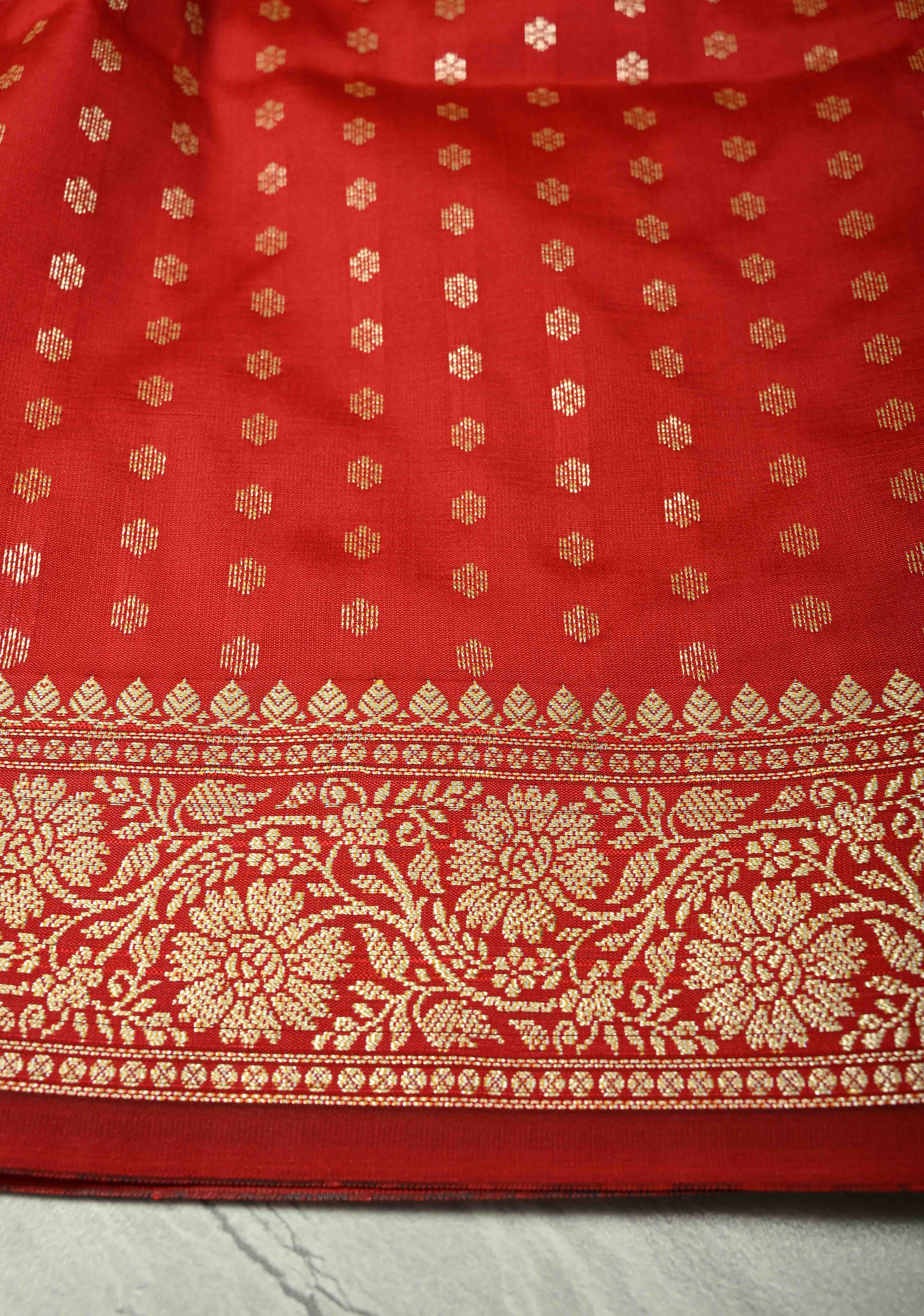 Crimson Red Semi Silk Saree with Zari Border | Shobitam - Image 6